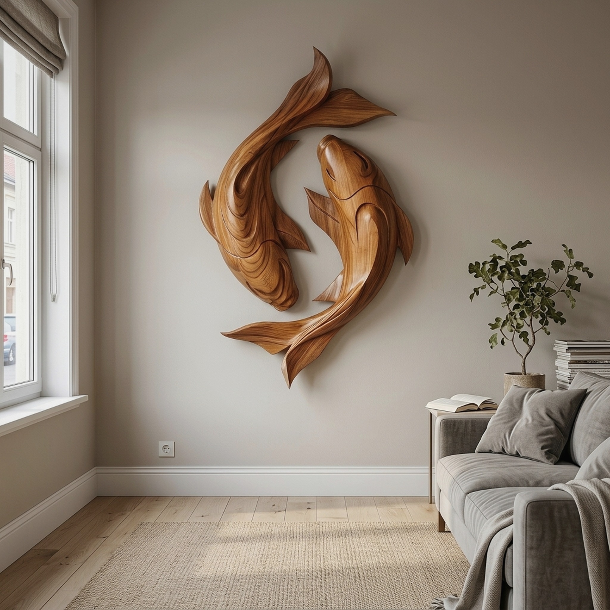 Contemporary Wood Wall Sculpture with Carved Koi Fish Design for Living Room and Office
