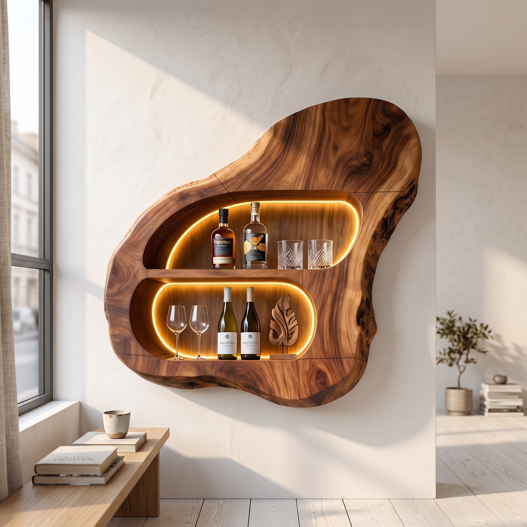 Contemporary Wood Wine Rack Shelf with Stemware Glass Holder, Wall Mounted Storage Organizer for Dining Room