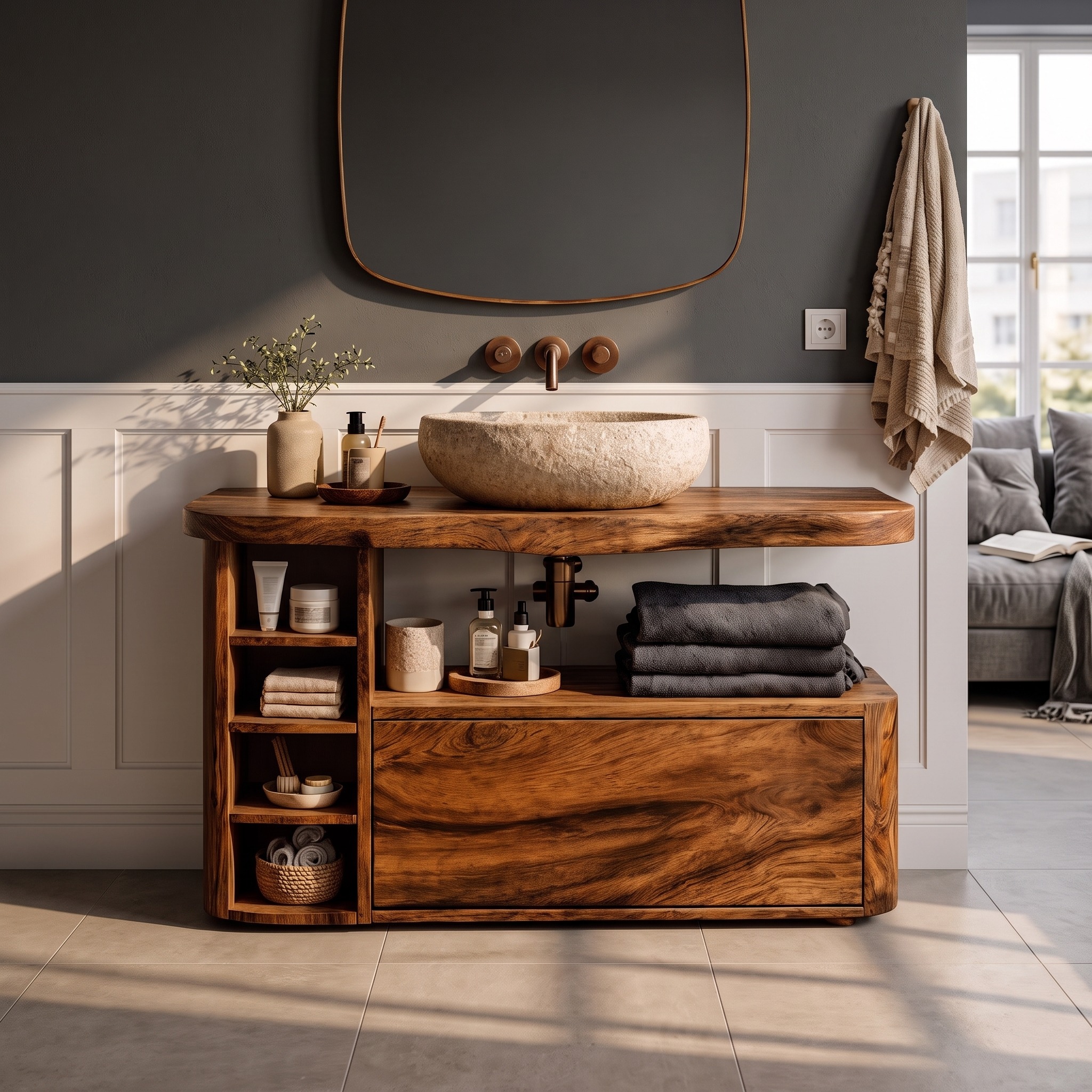 Contemporary Wooden Bathroom Vanity, Modern Handcrafted Solid Wood Storage Cabinet and Sink Console for Powder Room