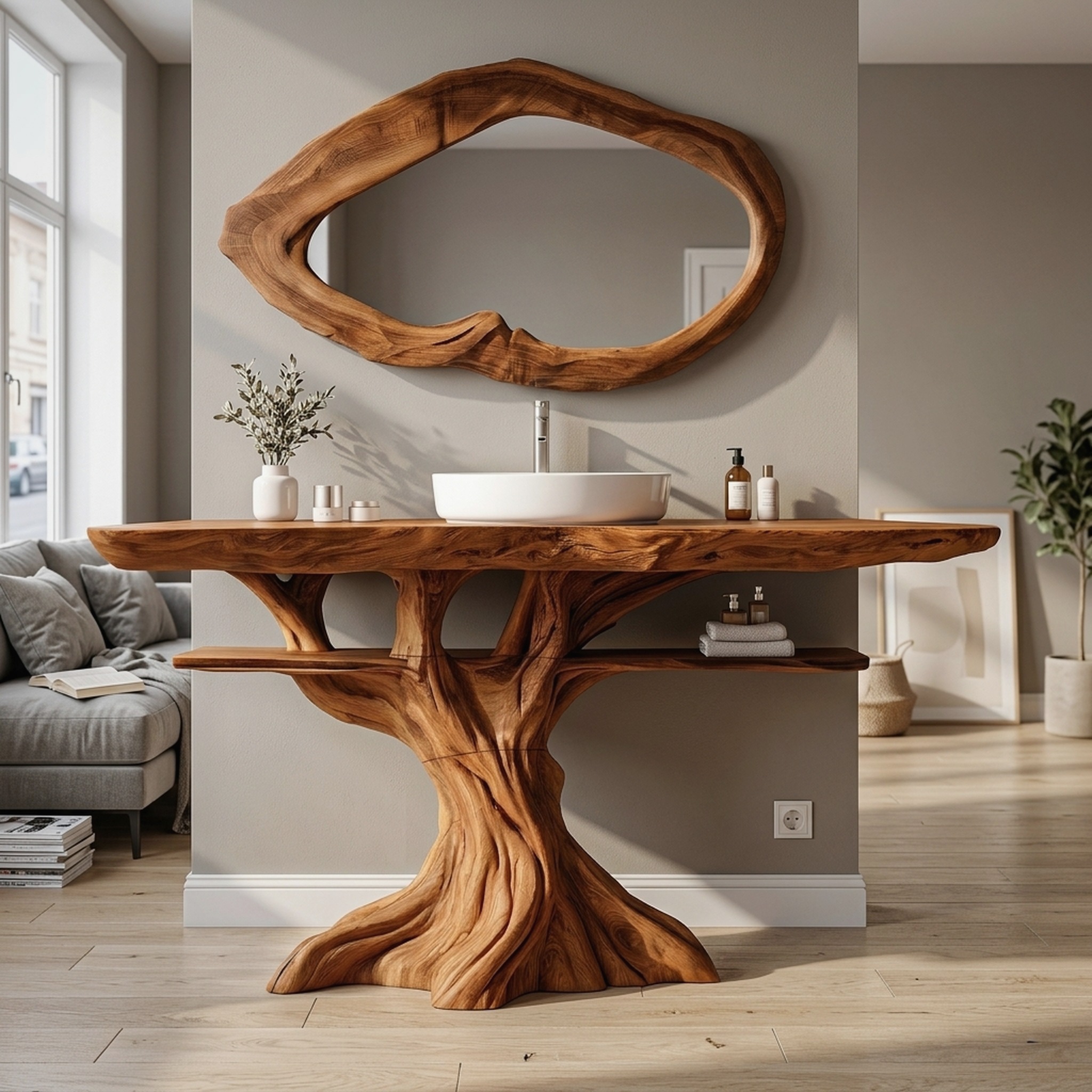 Contemporary Wooden Bathroom Vanity with Tree Inspired Frame for Bathroom