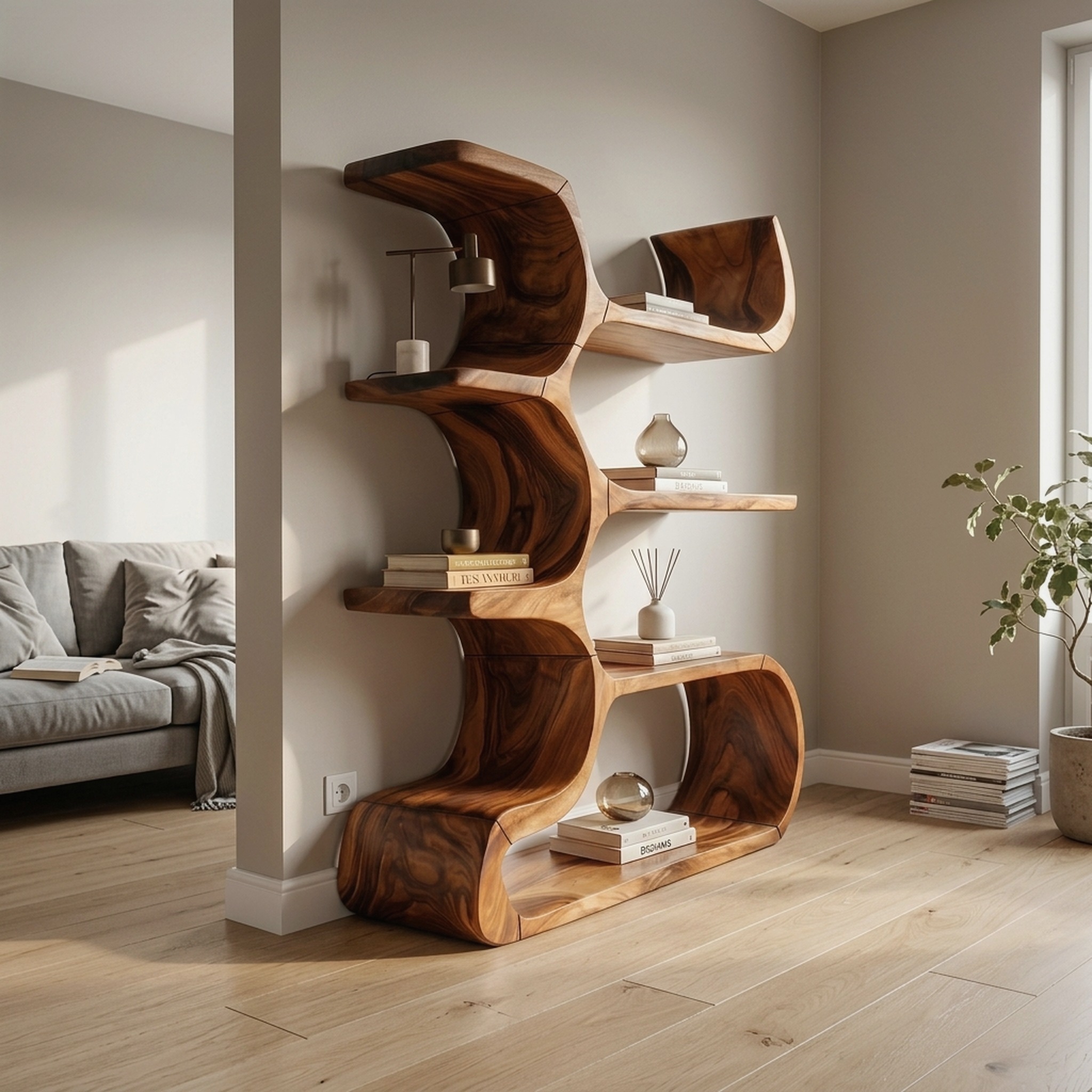 Contemporary Wooden Bookcase in Sculpted Curves