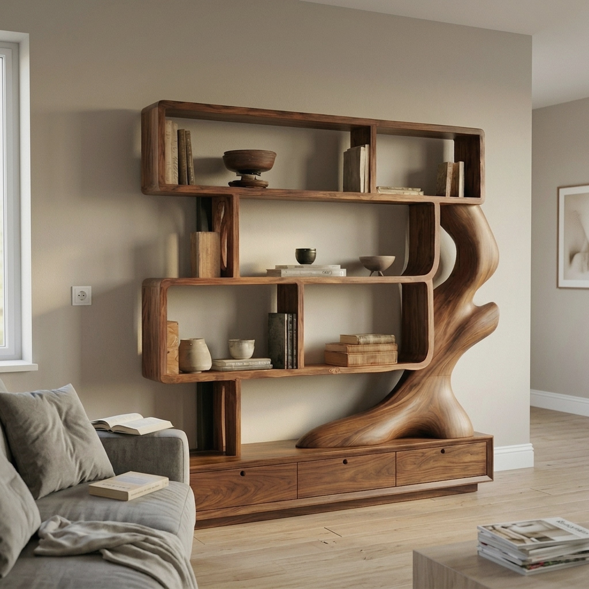 Contemporary Wooden Bookcase with Storage for Living Room