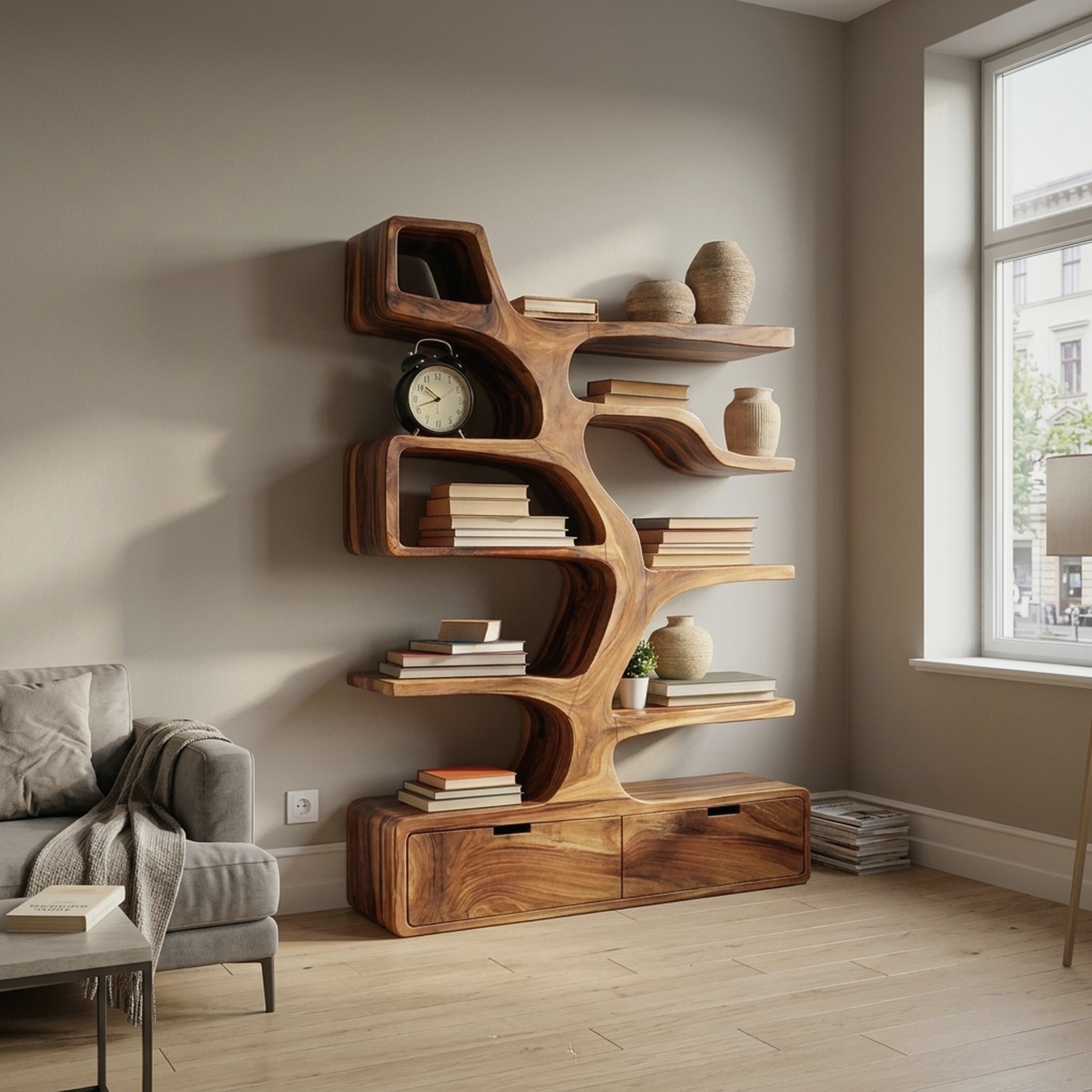 Contemporary Wooden Bookshelf Sculpted Design for Living Space