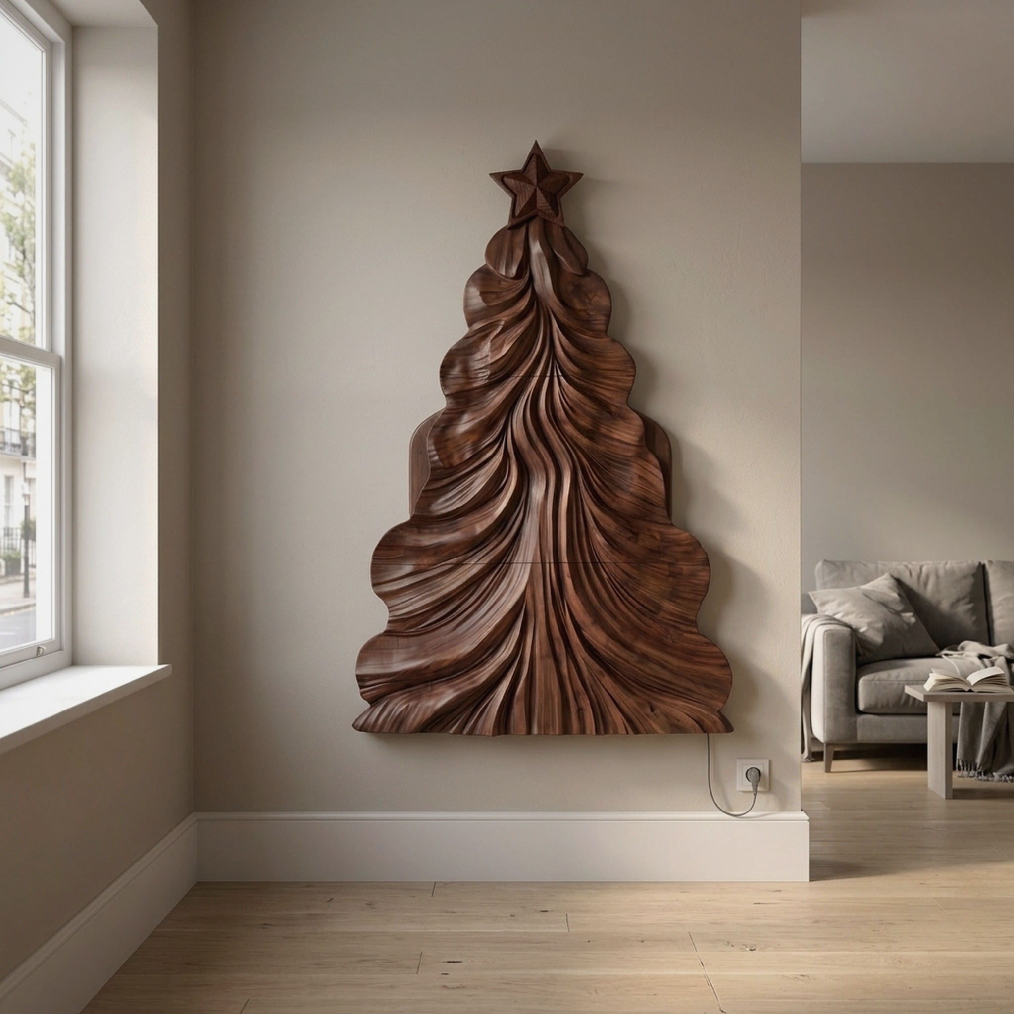 Contemporary Wooden Christmas Decor with Curved Openwork Design for Living Room