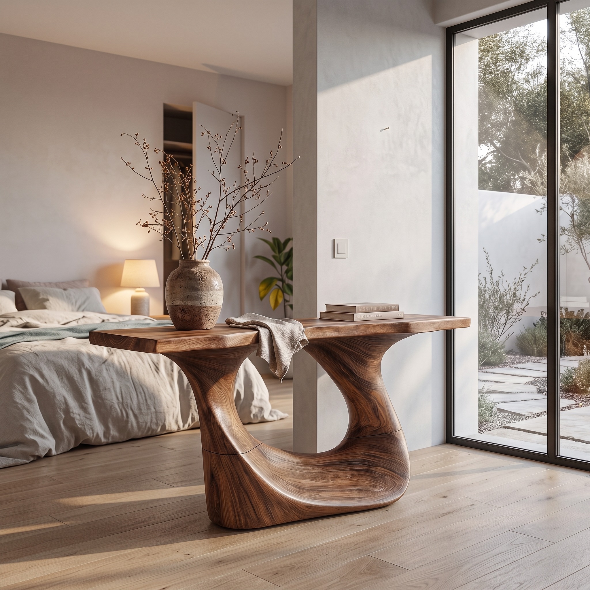 Contemporary Wooden Console Table with Curved Structure, Handcrafted Modern Entryway Table for Living Room Accent