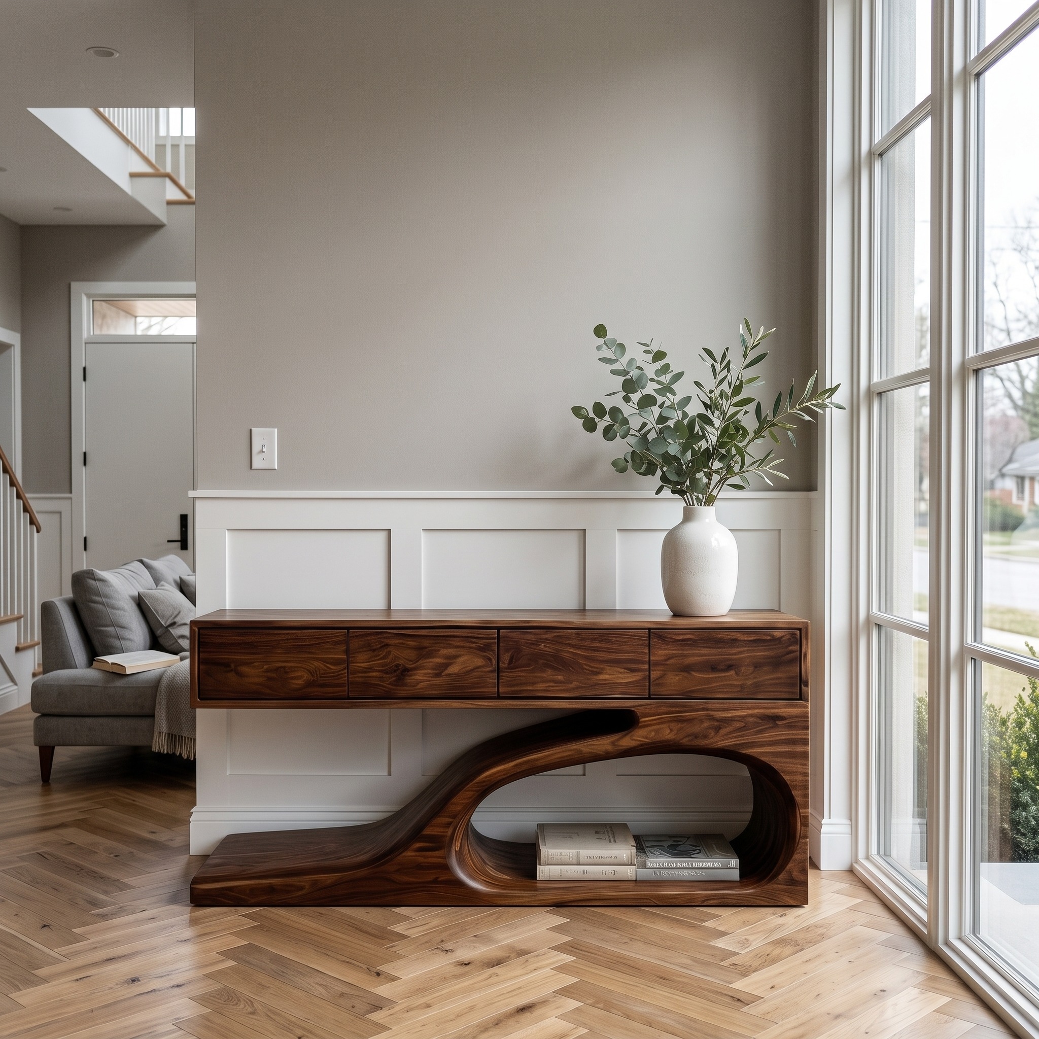 Contemporary Wooden Console Table with Unique Base, Handcrafted Entryway Table for Living Room & Hallway, Model