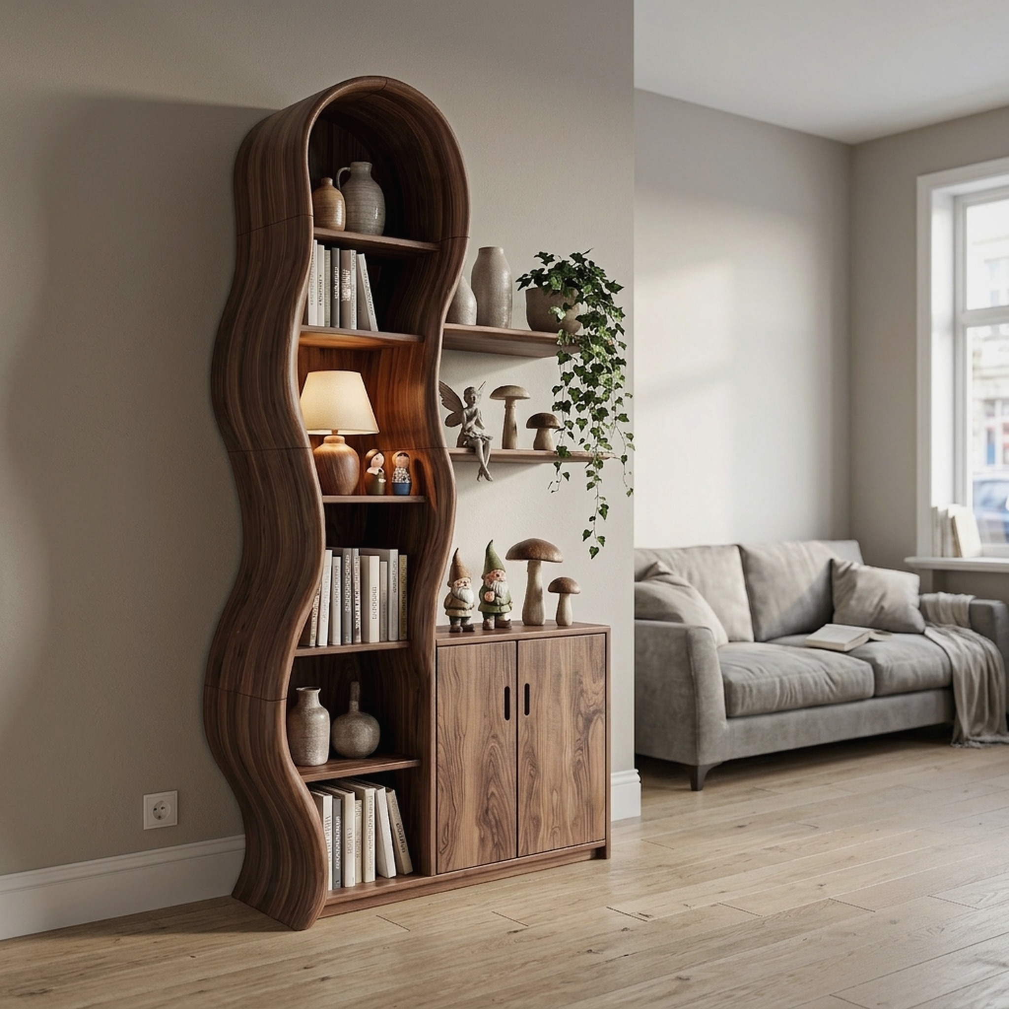 Contemporary Wooden Display Cabinet with Sculptural Branch Frame for Living Room