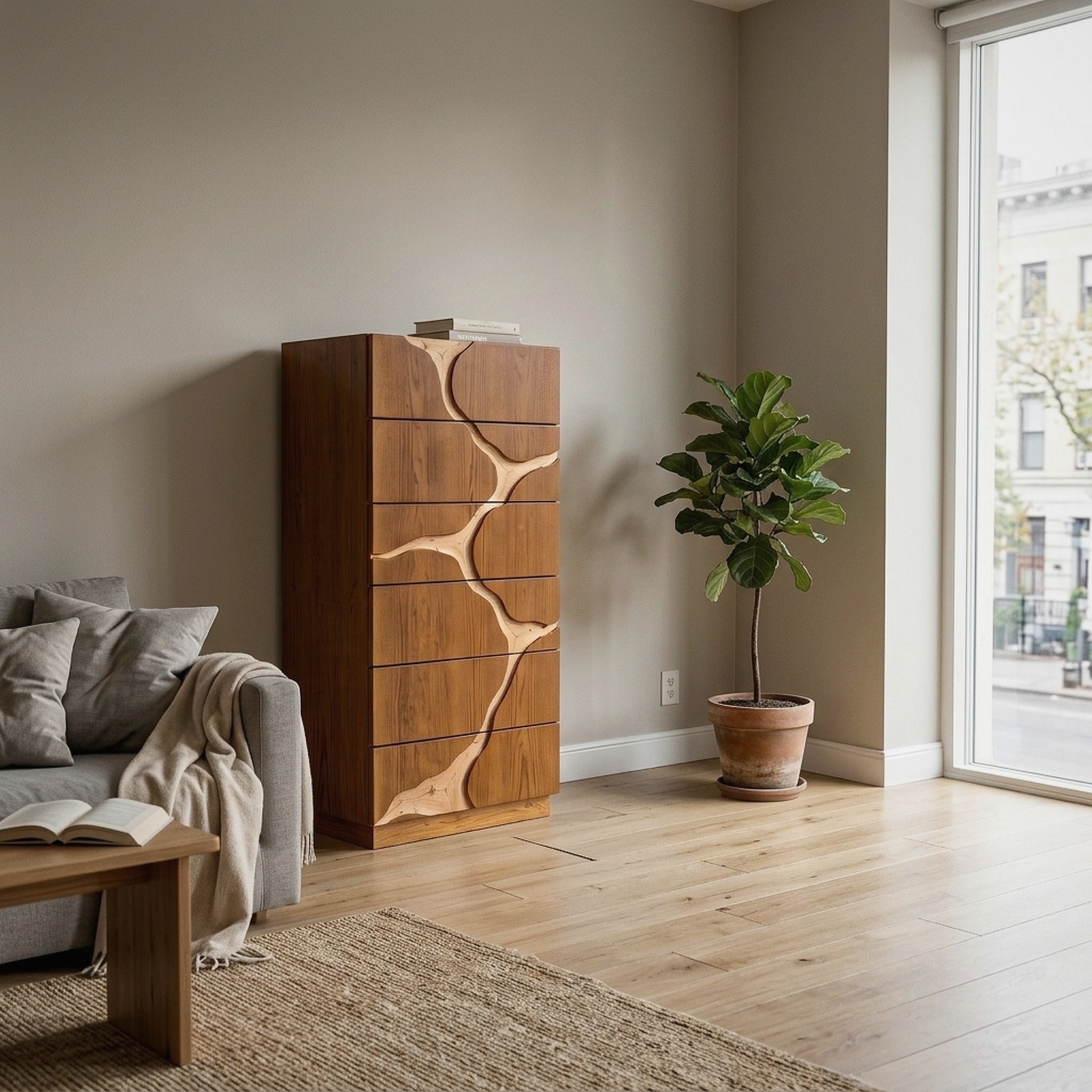 Contemporary Wooden Dresser with Two Tone Carved Panels for Bedroom