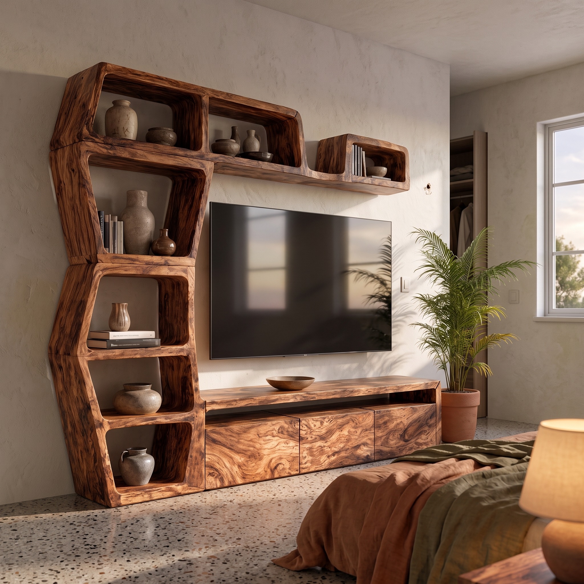 Contemporary Wooden Entertainment Center with Integrated Display Shelves & TV Console Table for Living Room