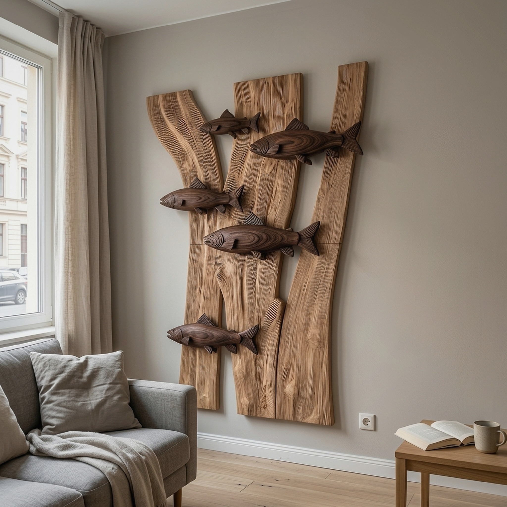 Contemporary Wooden Fish Wall Decor with Sculptural River Scene for Living Room and Entryway