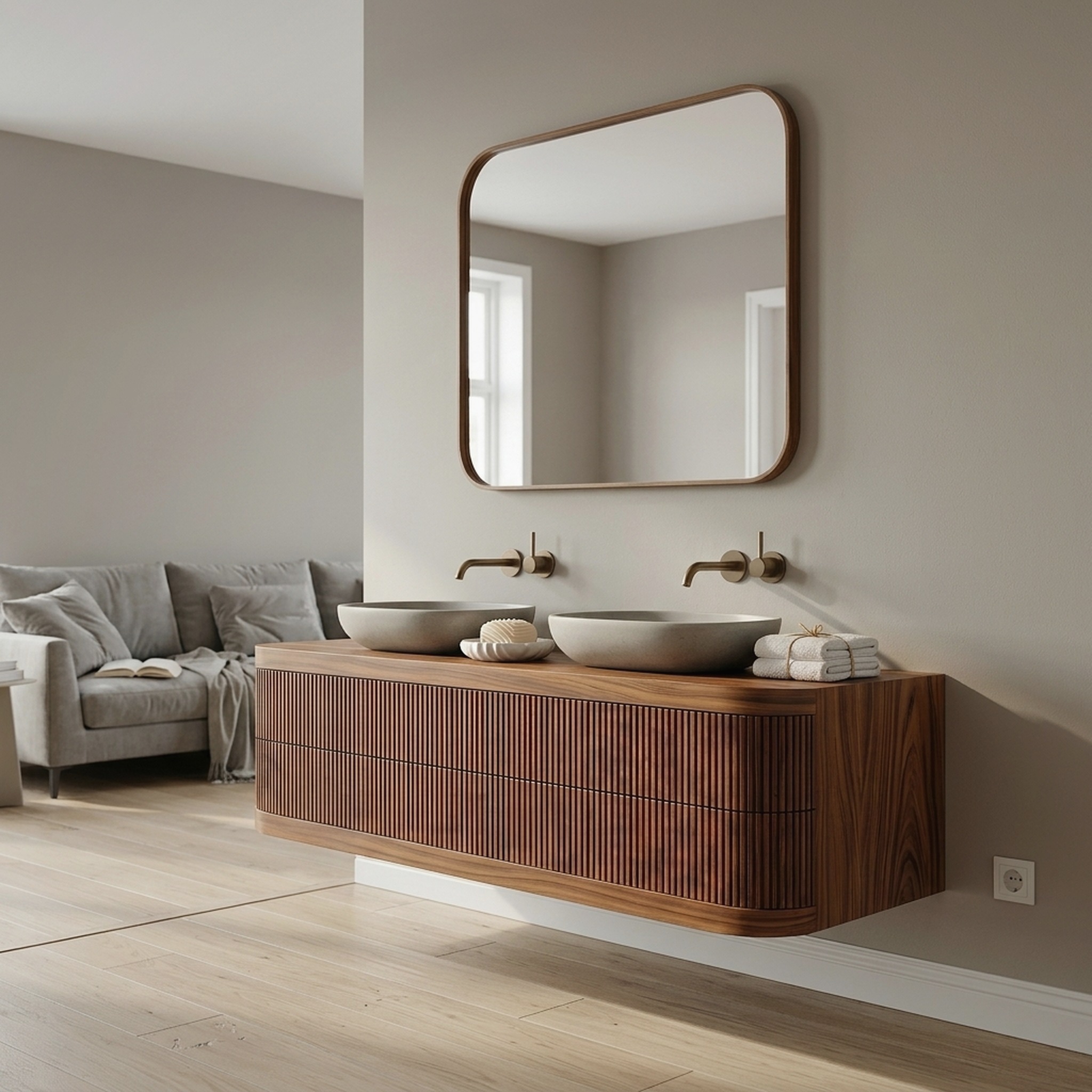 Contemporary Wooden Floating Bathroom Vanity with Fluted Front for Bathroom