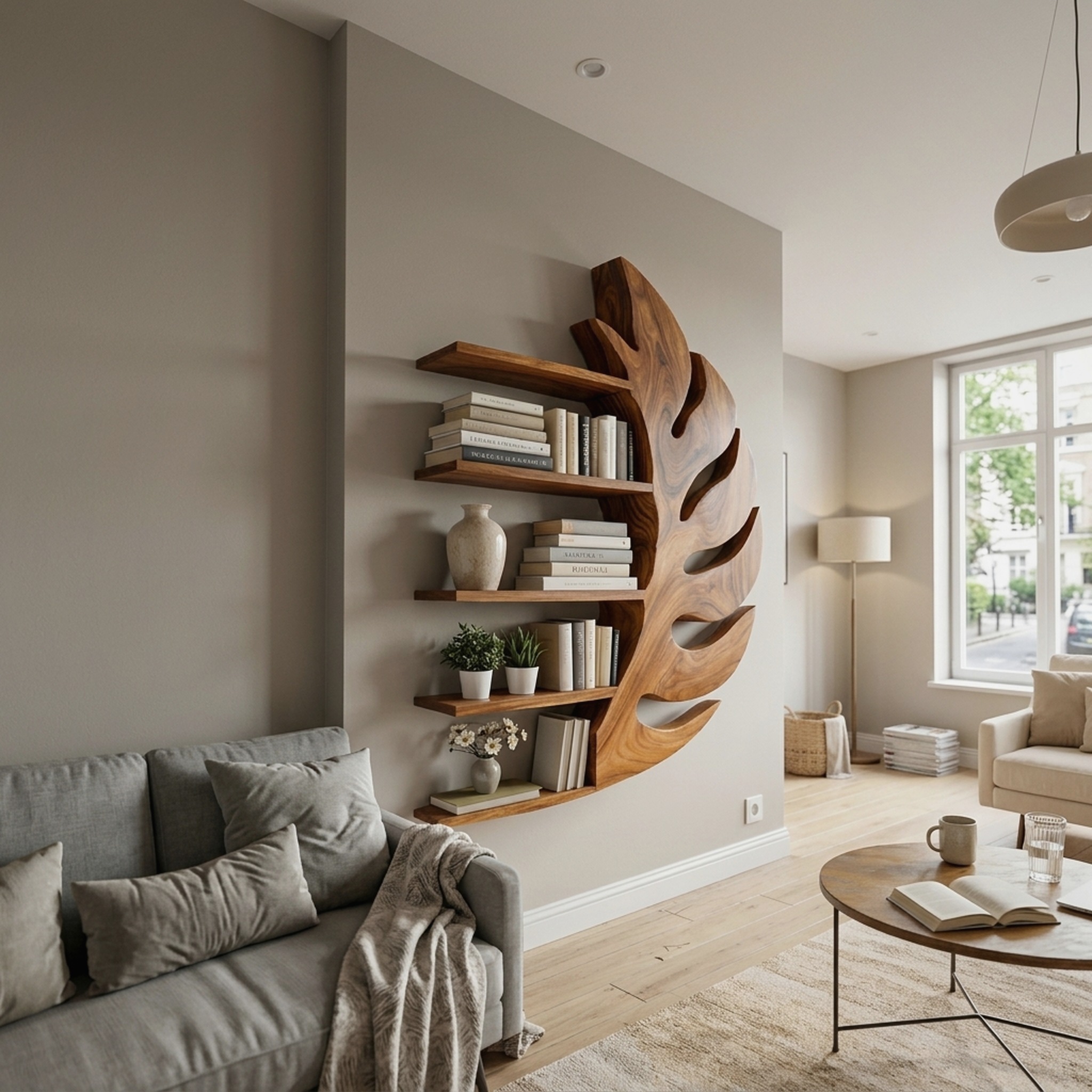 Contemporary Wooden Leaf Shape Floating Bookshelf for Home Decor