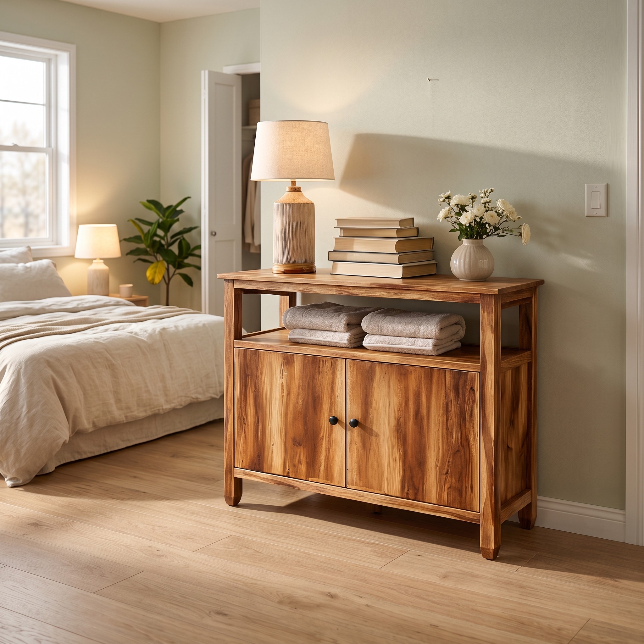 Contemporary Wooden Sideboard for Japandi Interior, Handcrafted Solid Wood Credenza Cabinet for Dining Room, Model