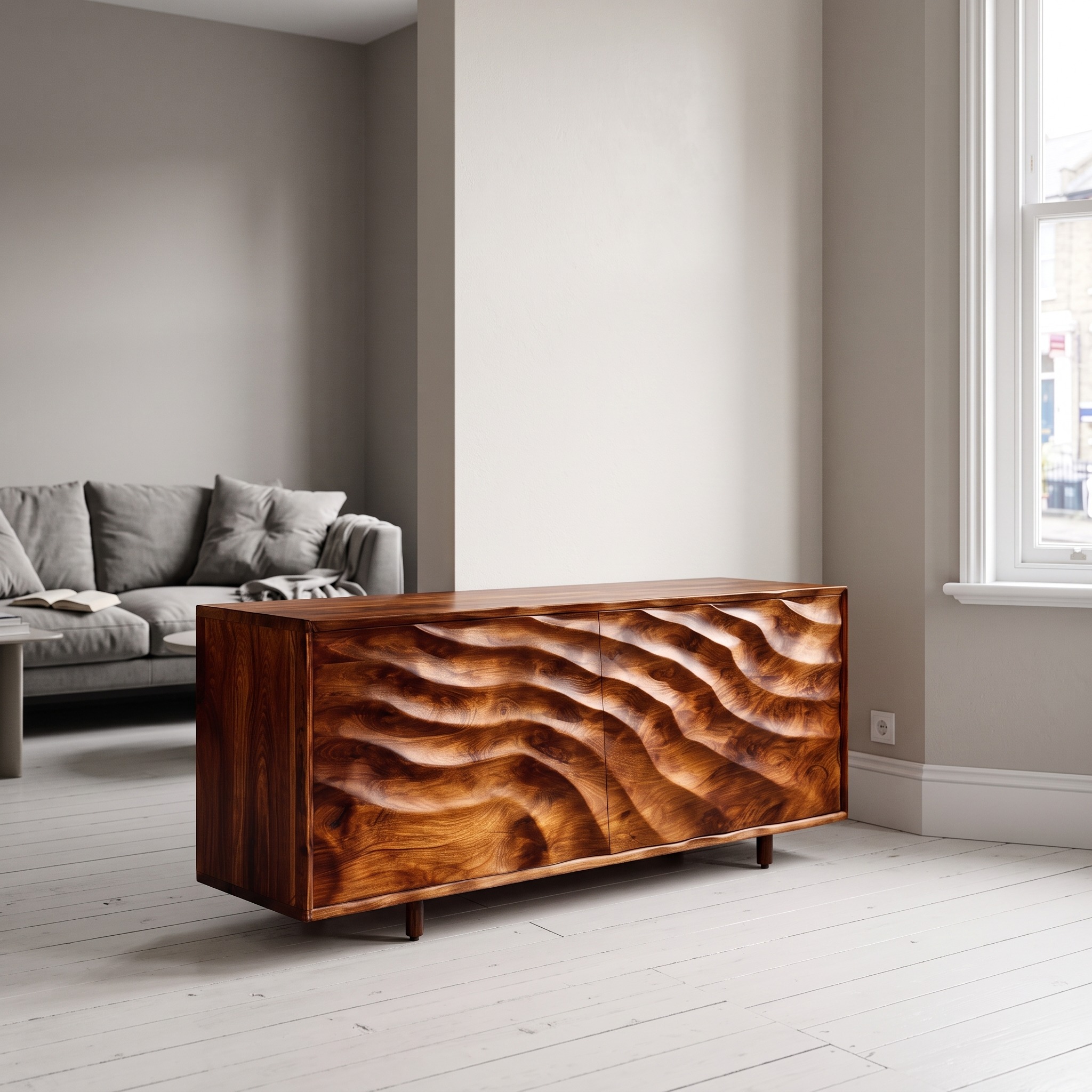 Contemporary Wooden Sideboard with Carved Doors, Handcrafted Solid Wood Credenza Storage Cabinet for Home, Model