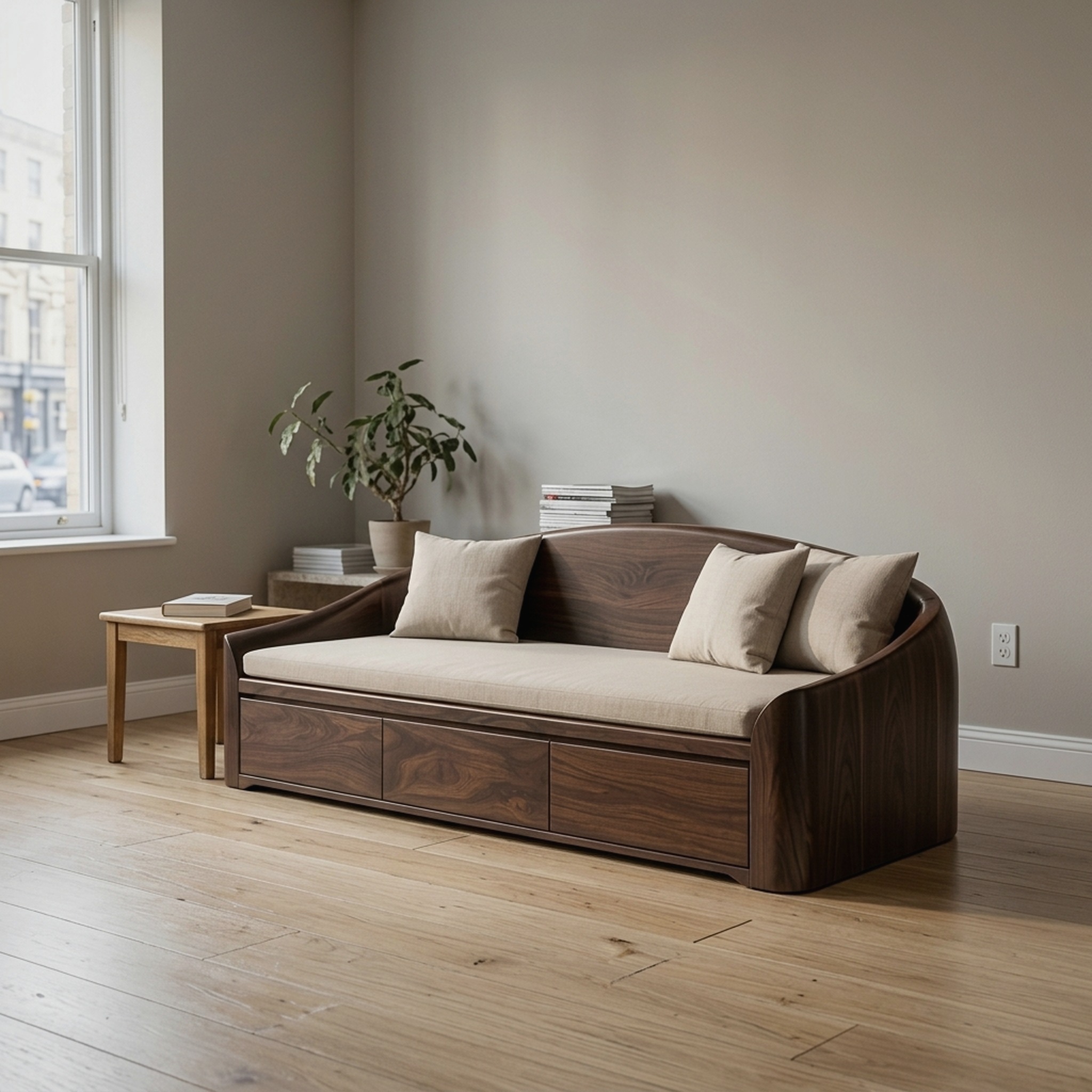 Contemporary Wooden Sofa with Drawers for Living Room