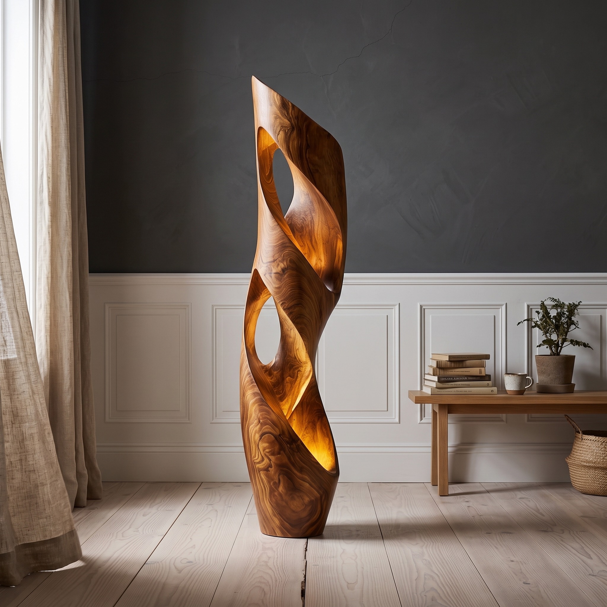 Contemporary Wooden Table Lamp, Handcrafted Geometric Desk Accent Light for Bedroom Nightstand & Living Room
