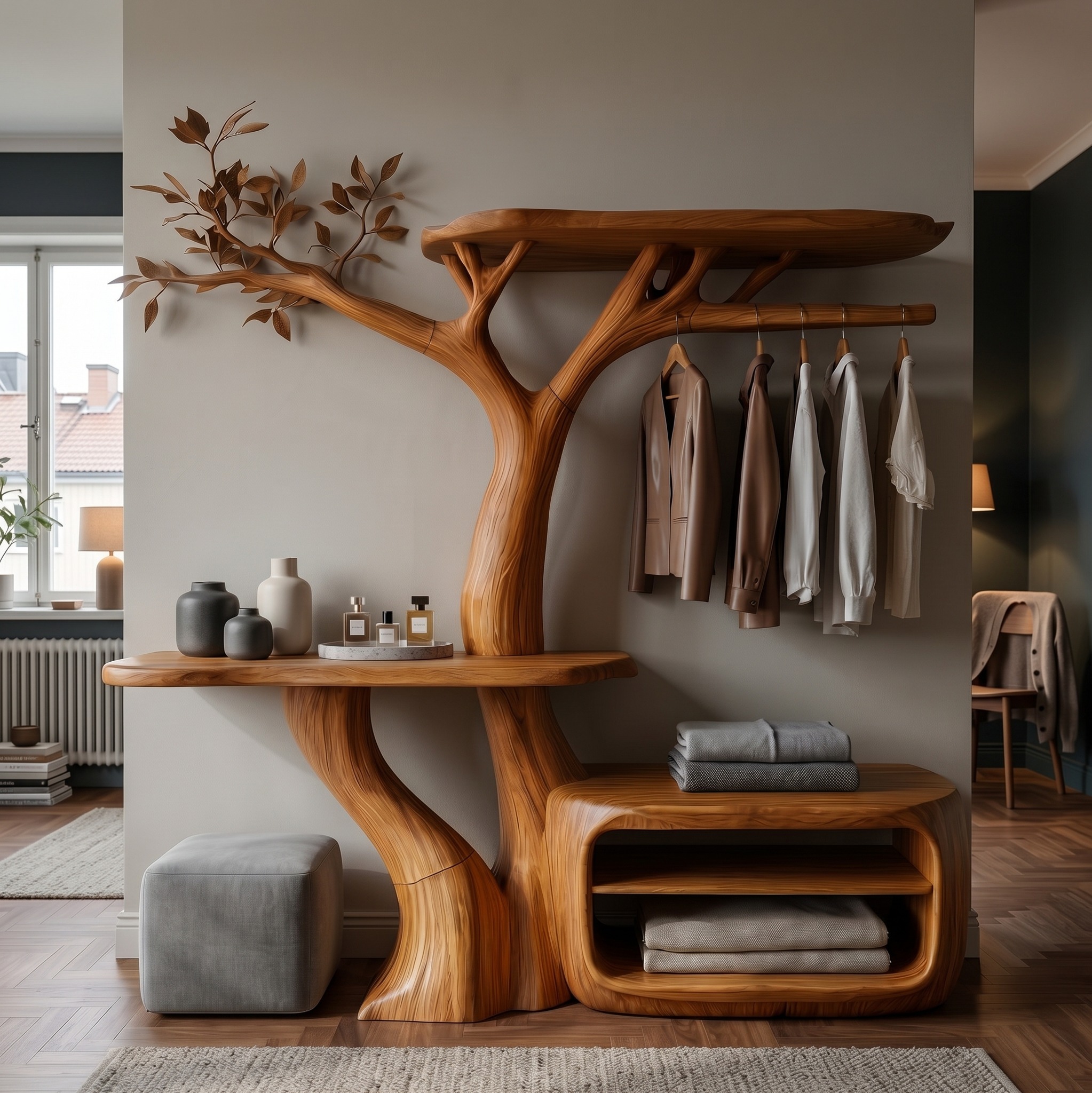 Contemporary Wooden Tree Coat Rack, Bedroom Clothes Storage Organizer, Dressing Room Valet Standing Hanger