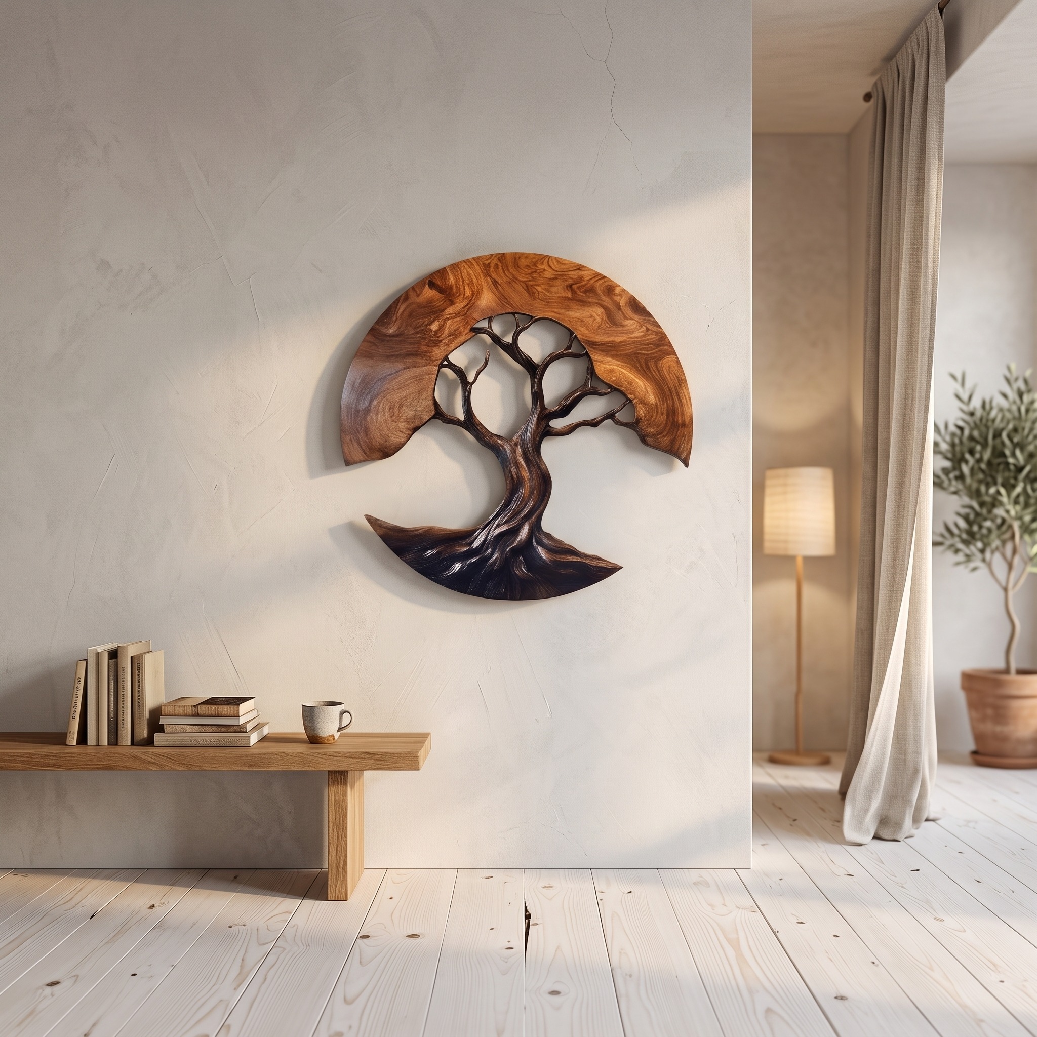 Contemporary Wooden Tree Wall Sculpture, Handcrafted Nature Hanging Art Decor for Living Room