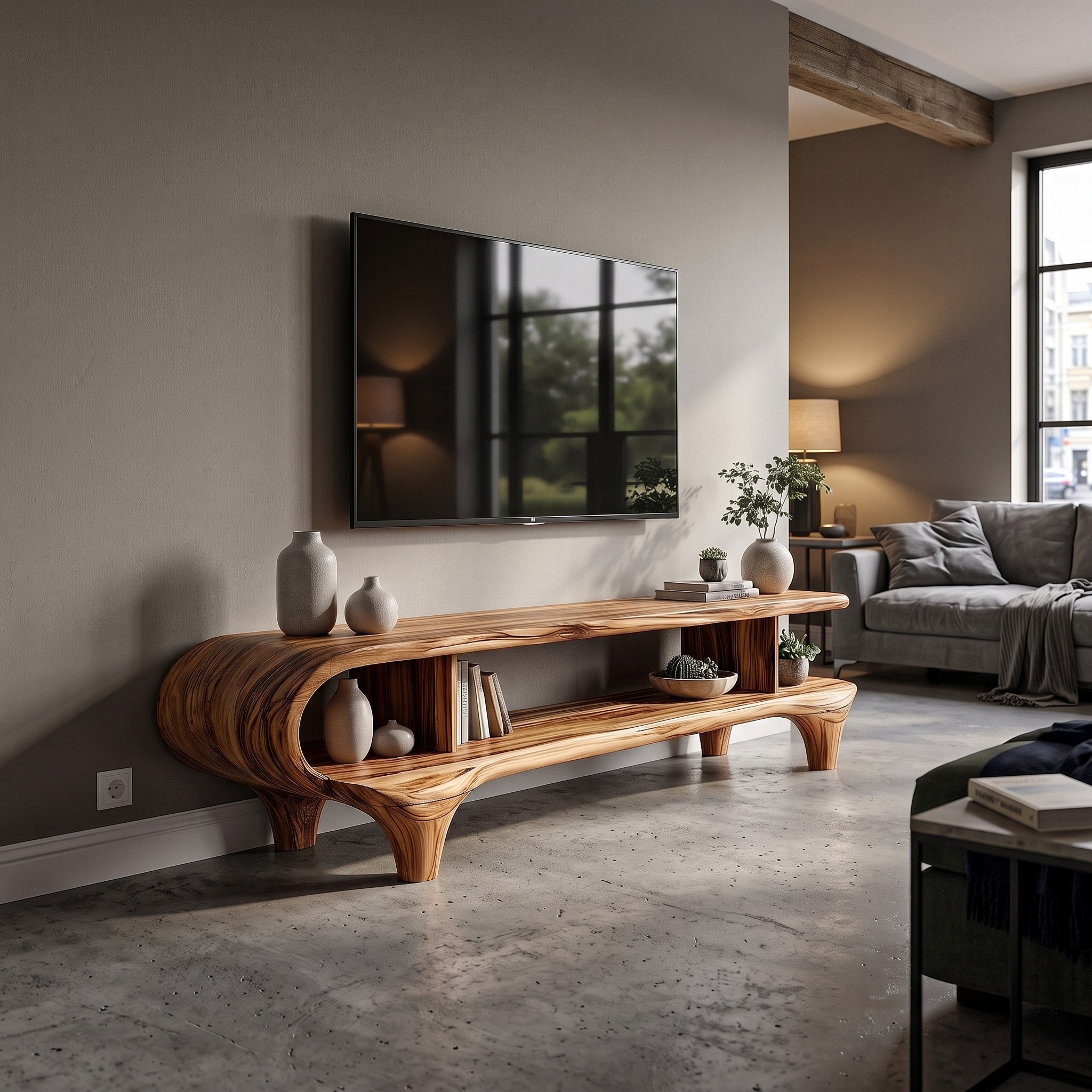Contemporary Wooden TV Cabinet, Handcrafted Organic Curved Frame Media Console for Living Room TV Stand, Model