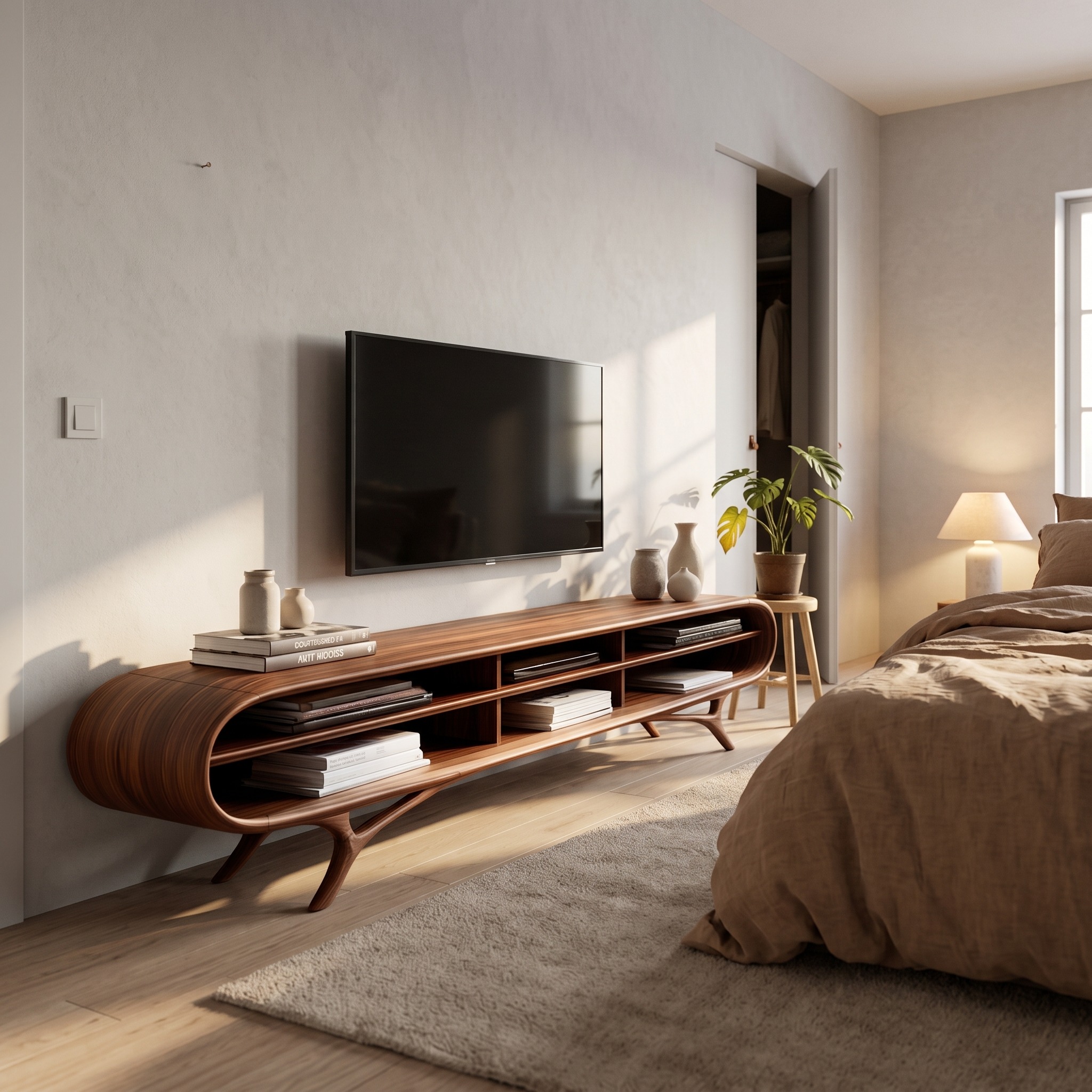 Contemporary Wooden TV Cabinet, Handcrafted Organic Edge Media Console & Credenza Entertainment Board for Living Room