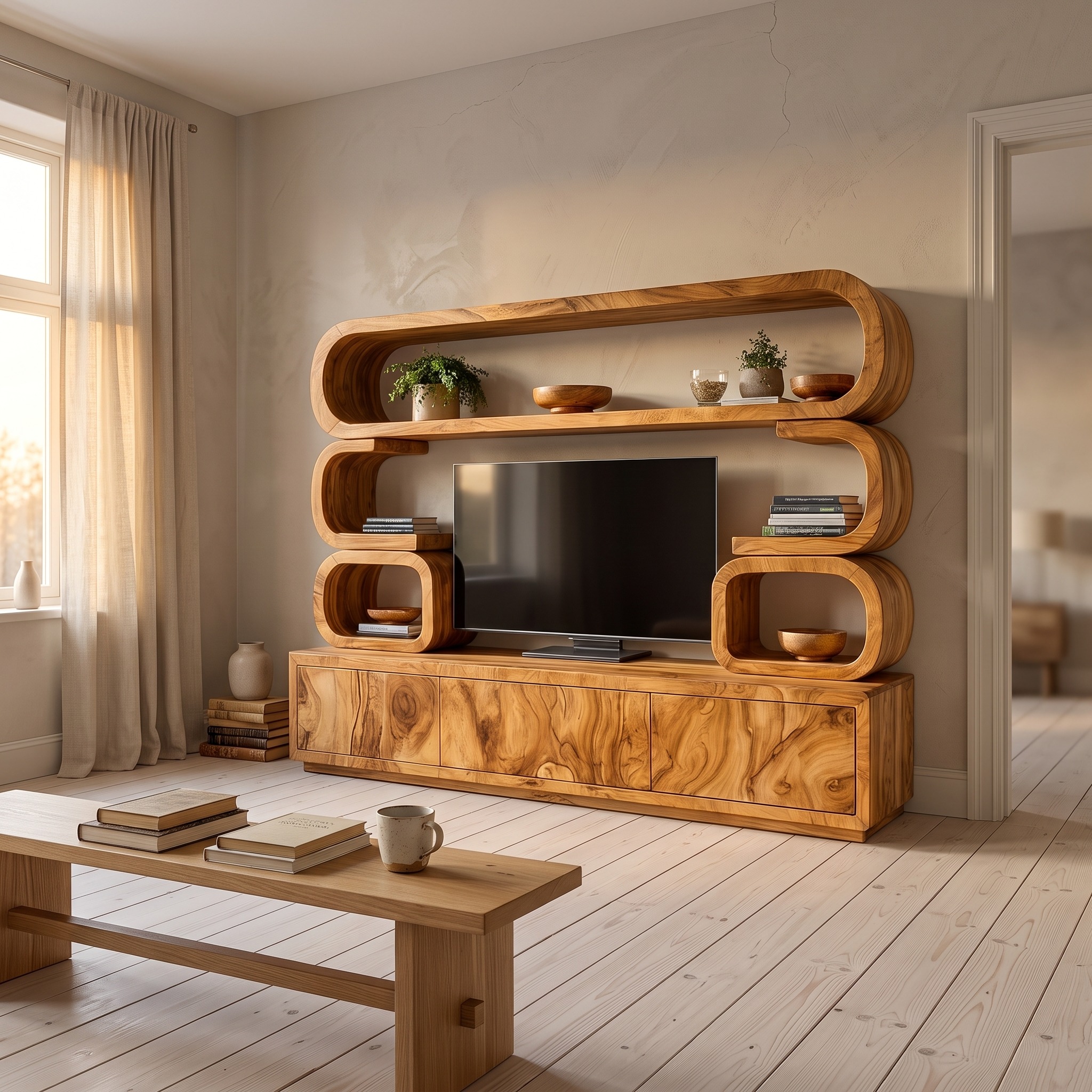 Contemporary Wooden TV Cabinet, Modern Media Console Credenza Table, Elegant Entertainment Unit for Home Living Space