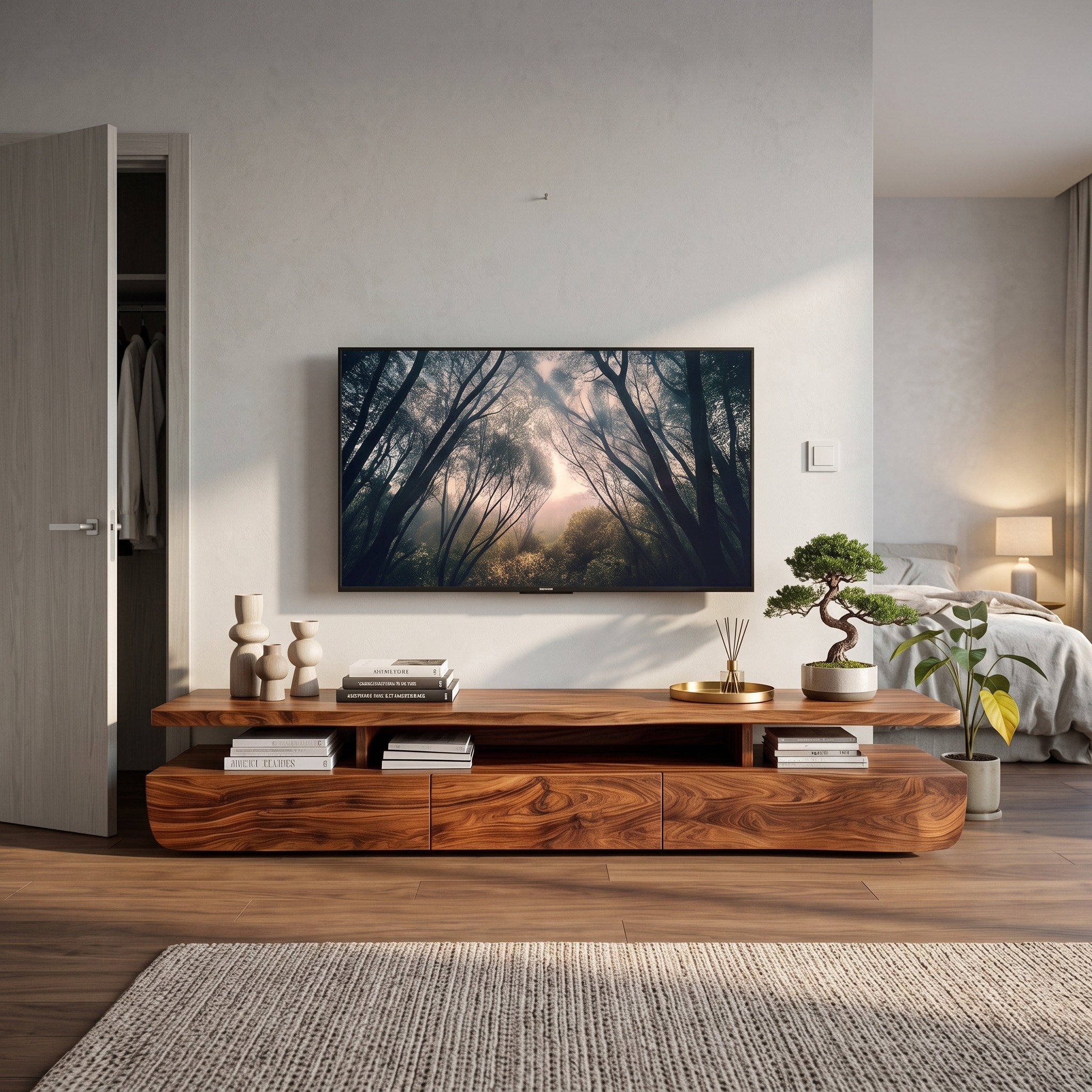 Contemporary Wooden TV Cabinet with Functional Storage Drawers, Modern Media Console for Home Living Room