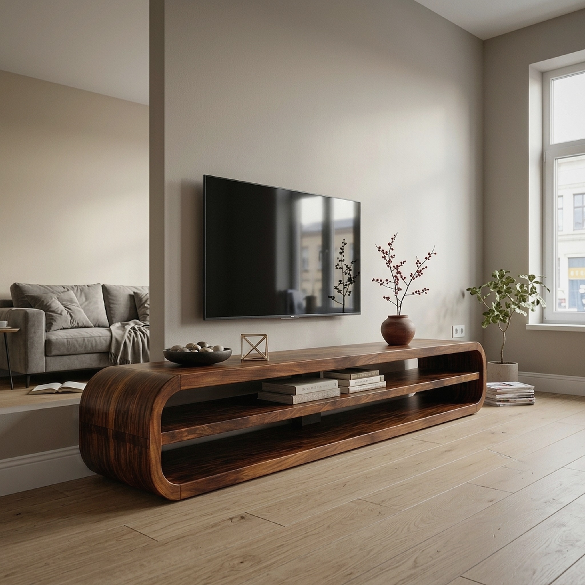 Contemporary Wooden TV Console with Open Storage for Living Room
