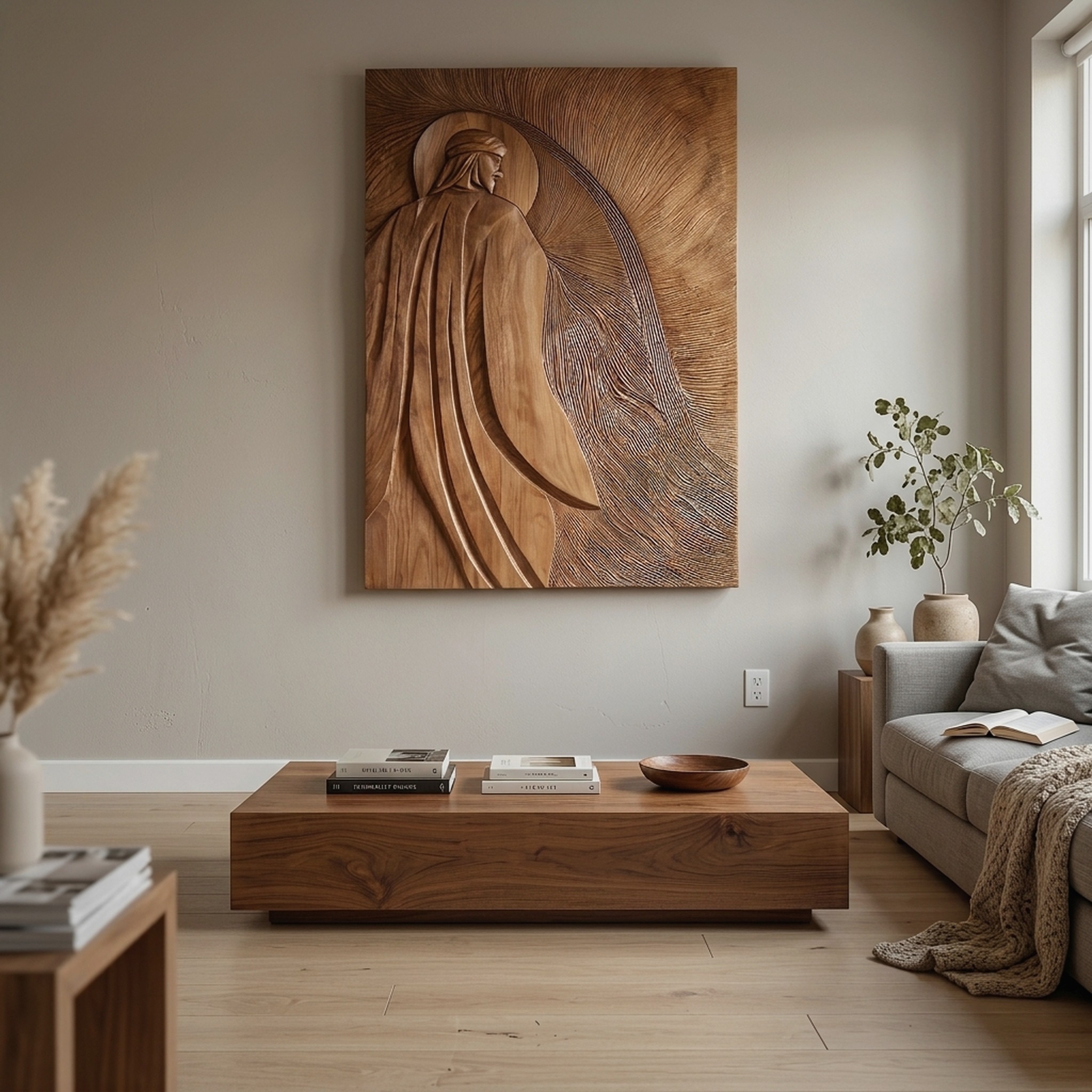 Contemporary Wooden Wall Art with Carved Figure for Living Room