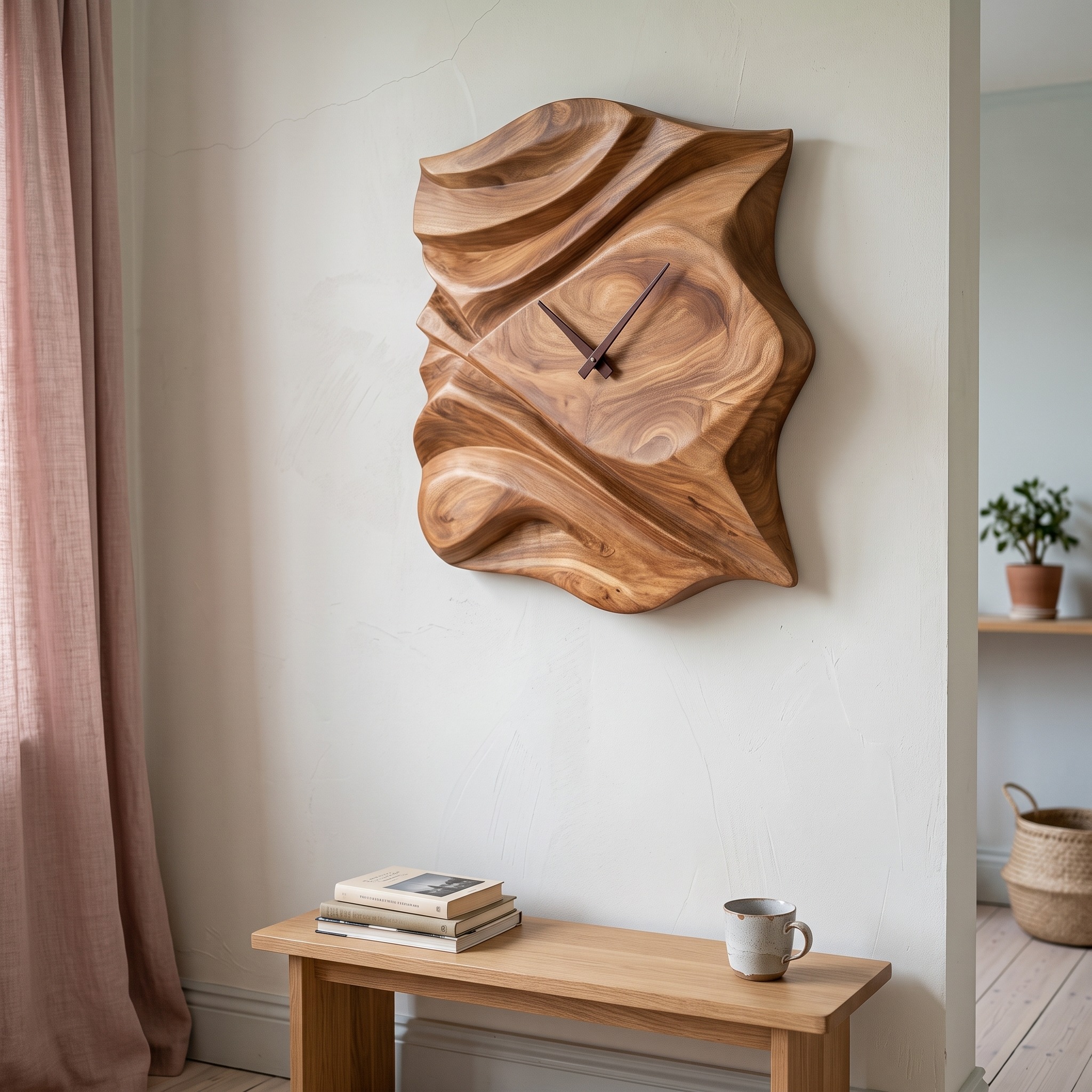 Contemporary Wooden Wall Clock, Hand-Carved Abstract Wave Wood Accent Clock for Bedroom & Living Room Decor