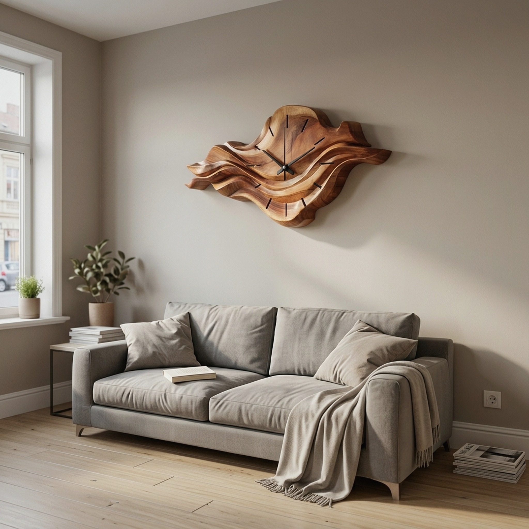Contemporary Wooden Wall Clock with Unique Wave Sculpture for Home