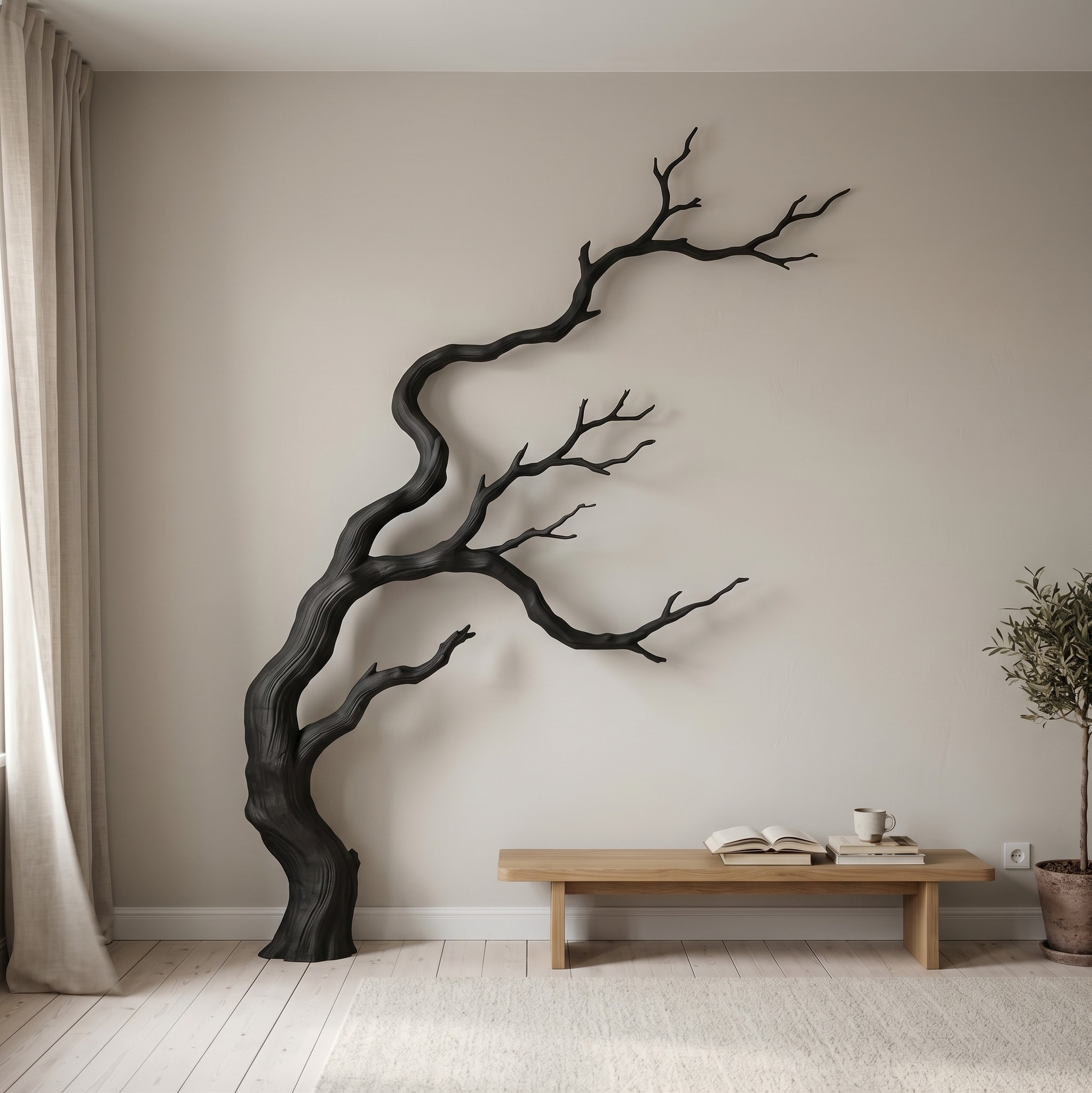 Contemporary Wooden Wall Decor, Sculptural Tree Branch Sculpture for Bedroom & Living Room Art