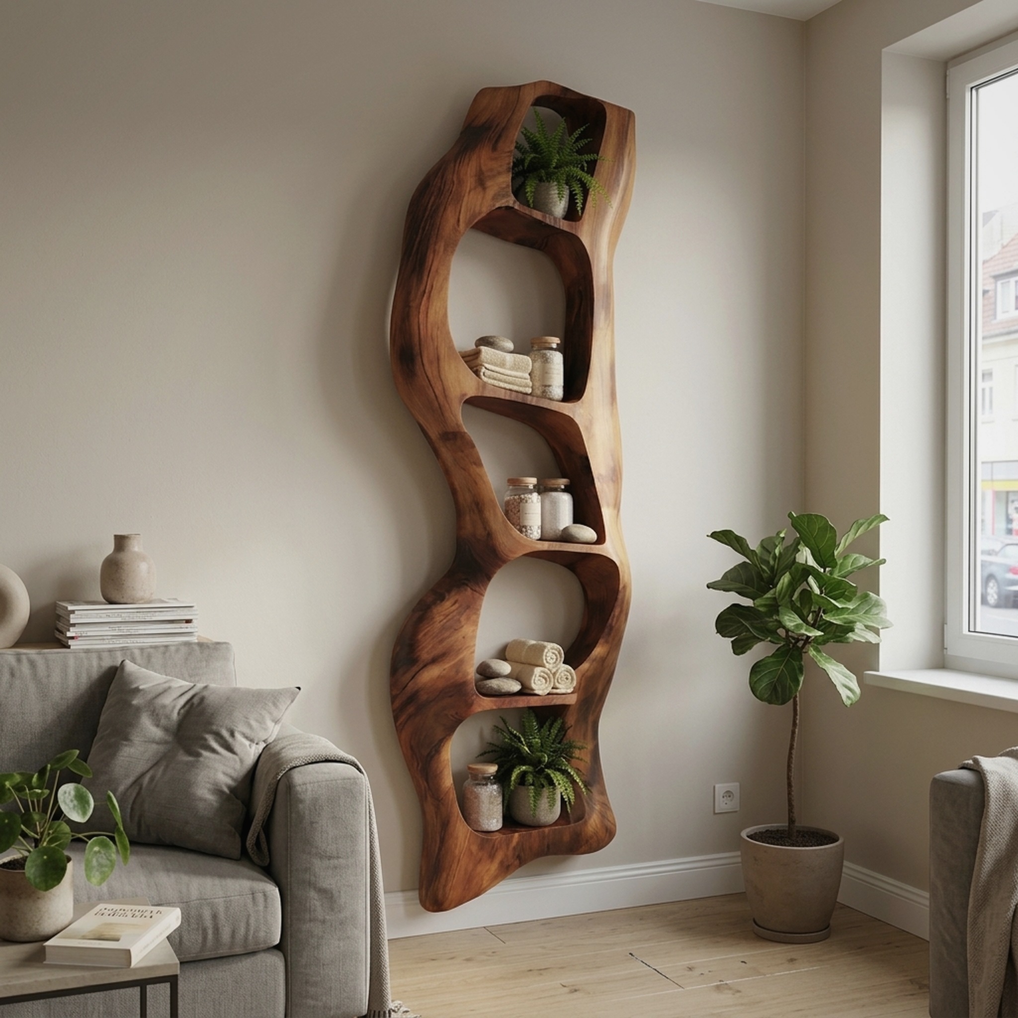 Contemporary Wooden Wall Shelf, Handcrafted Solid Wood Floating Storage Display Ledge Rack for Bedroom & Living Room Wall Accent