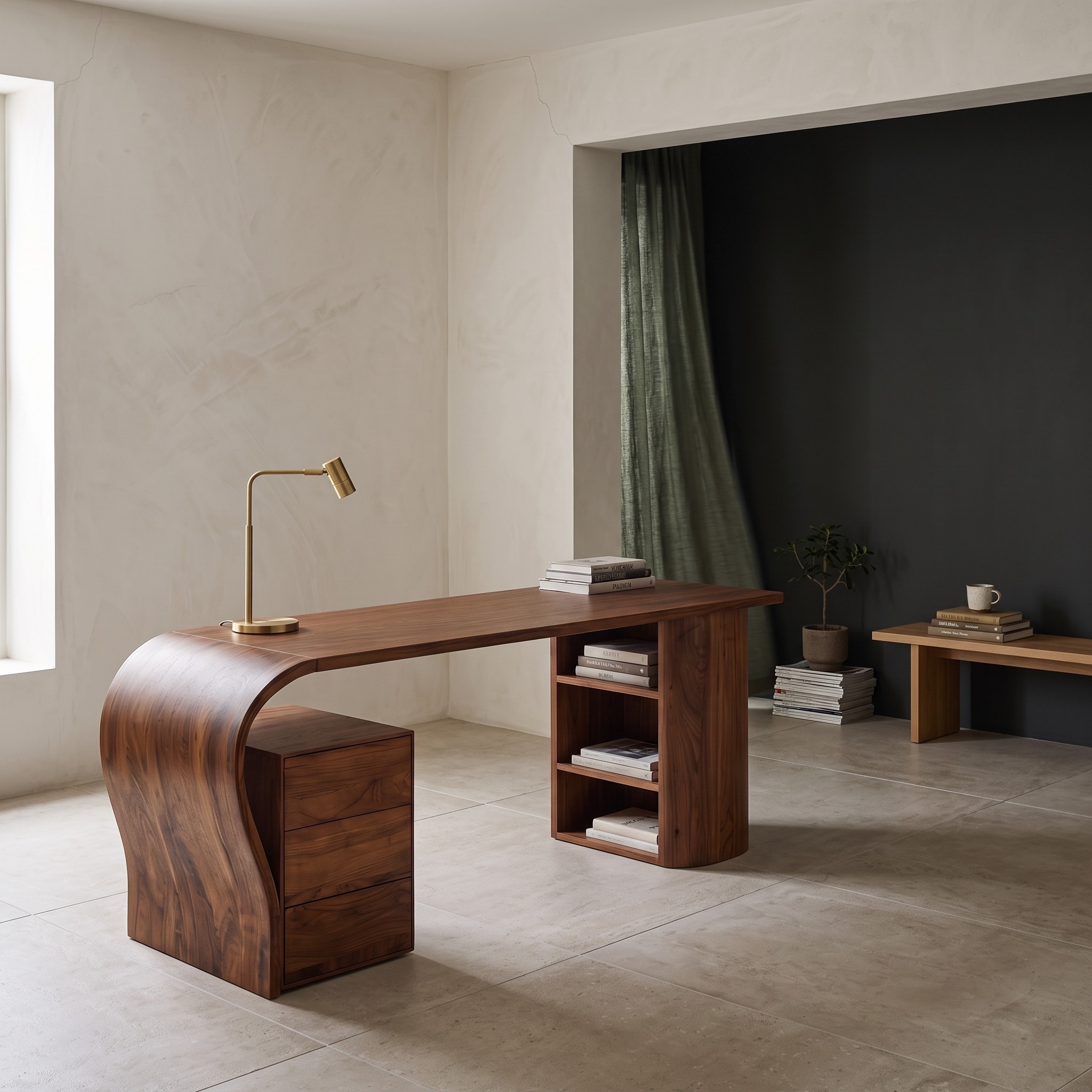 Contemporary Writing Desk with Open Shelf, Handcrafted Solid Wood Study Table & Computer Desk for Home Office, Model
