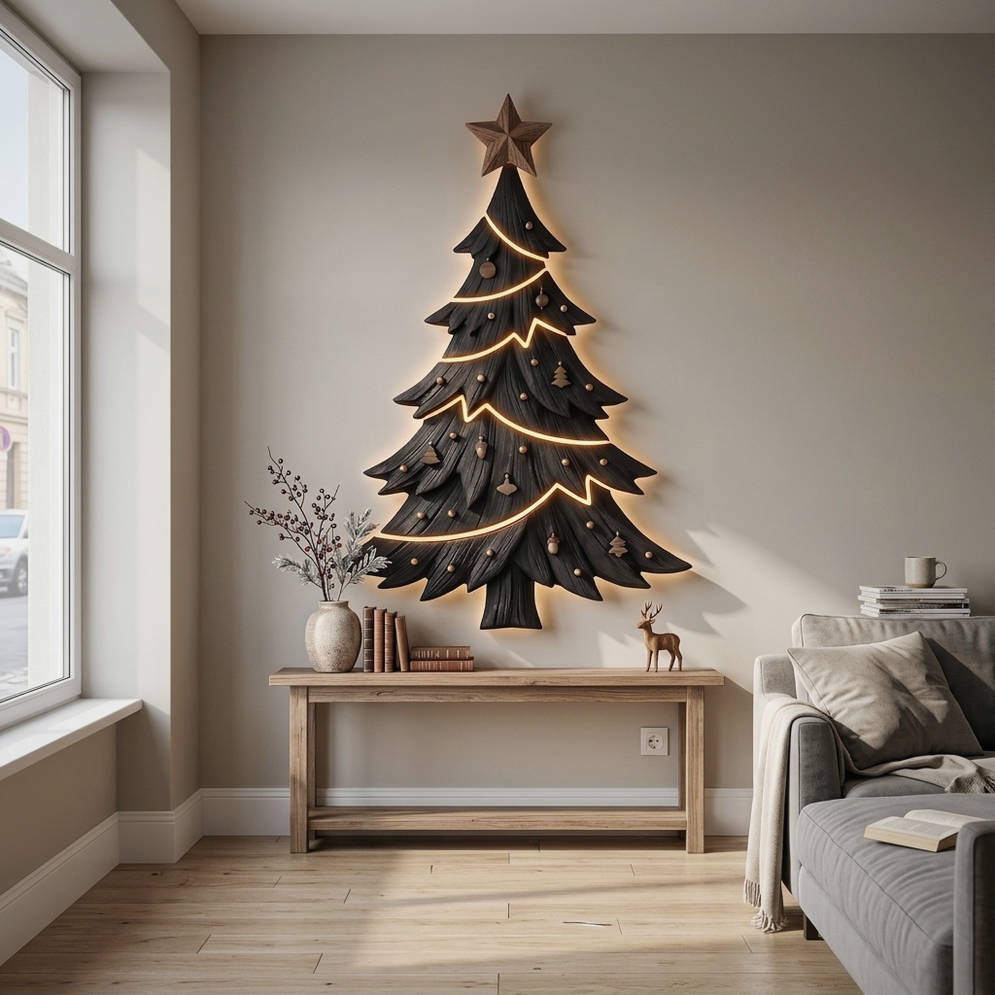 Contemporary Xmas Wall Sculpture with Evergreen Silhouette for Living Room