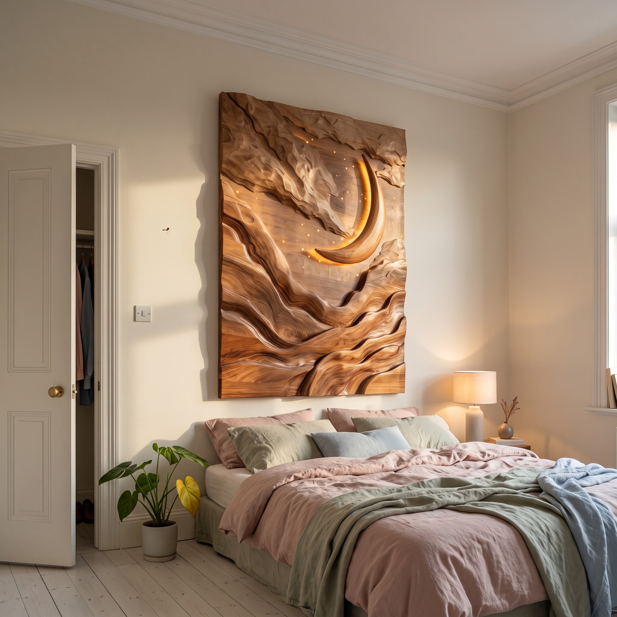 Crescent Moon Mountain Wood Wall Art, 3D Handcrafted Geometric Landscape Hanging Plaque for Living Room Decor