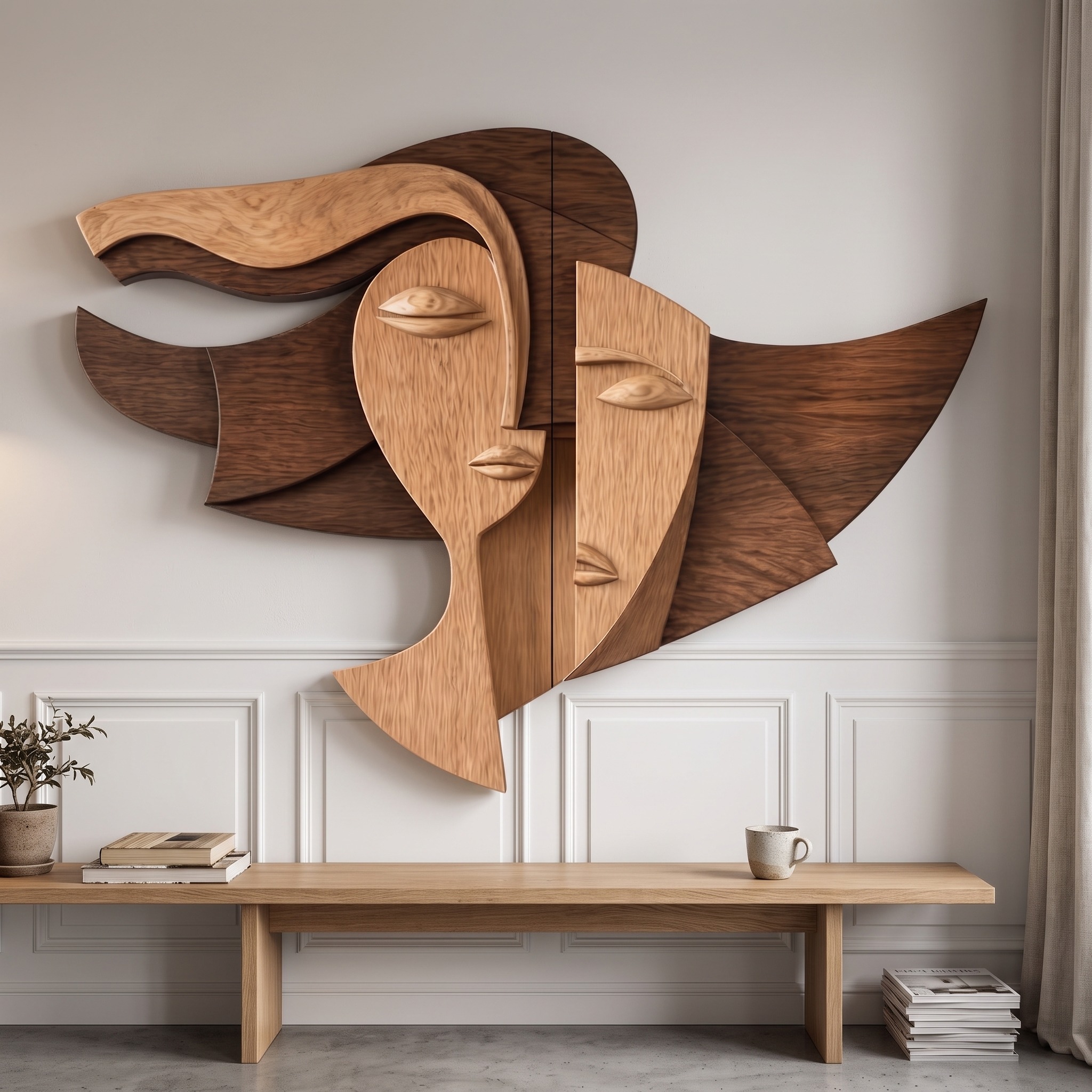 Cubism Style Face Wood Wall Decor Panel, Abstract Handcrafted Portrait Art Sculpture for Living Room Office