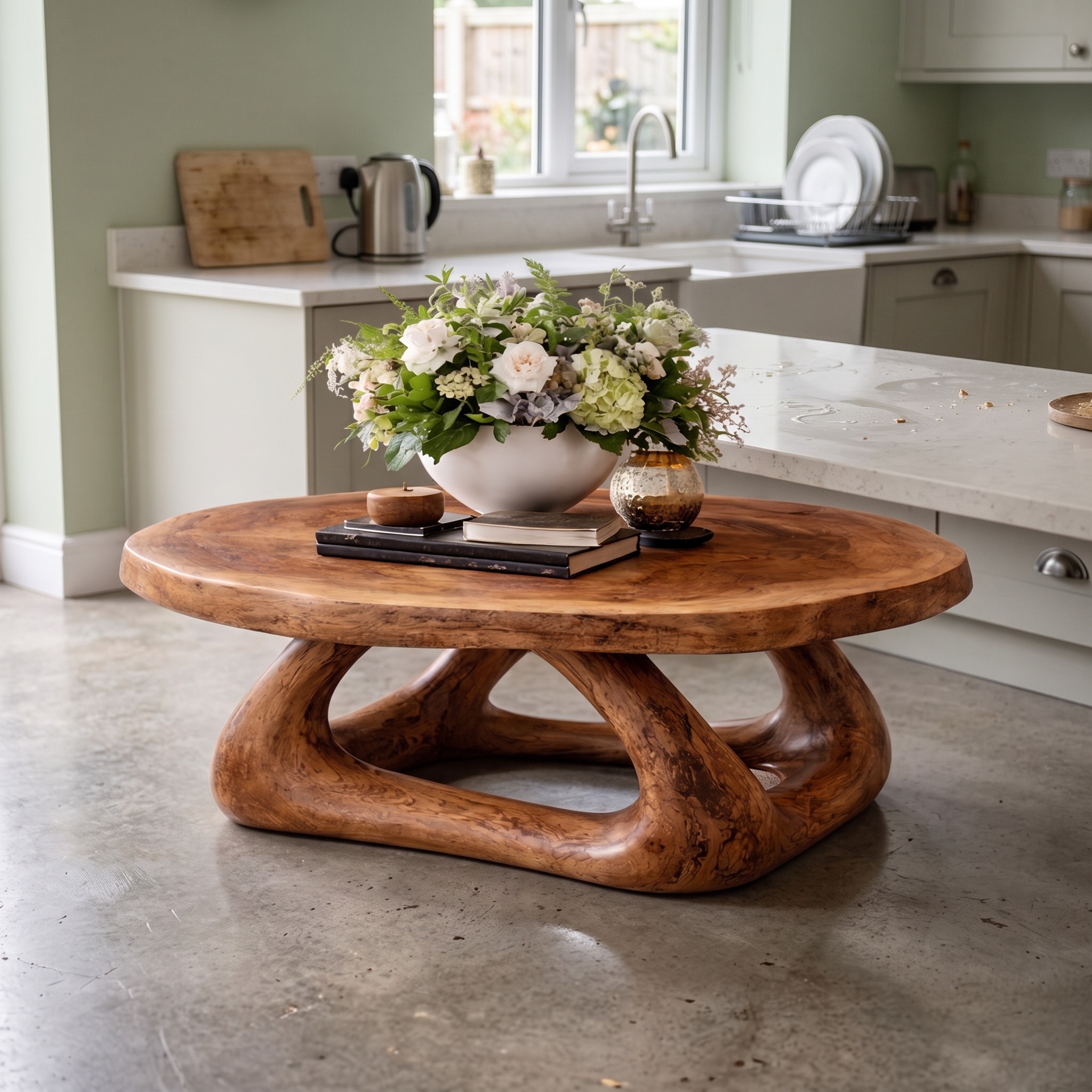 Curved Sculptural Solid Wood Coffee Table, Artistic Statement Center Table for Luxury Modern Living Room Interior