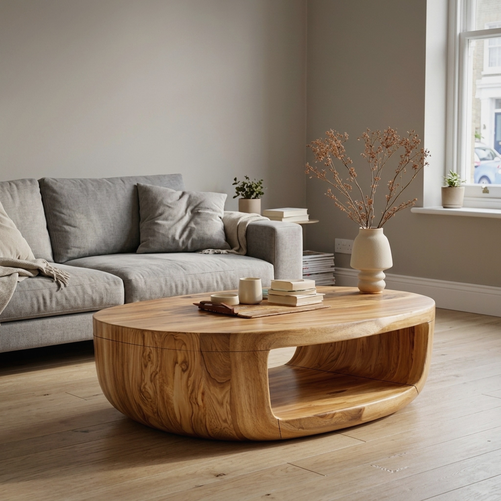 Curved Shell Solid Wood Coffee Table Calm Contemporary Living Room Interior