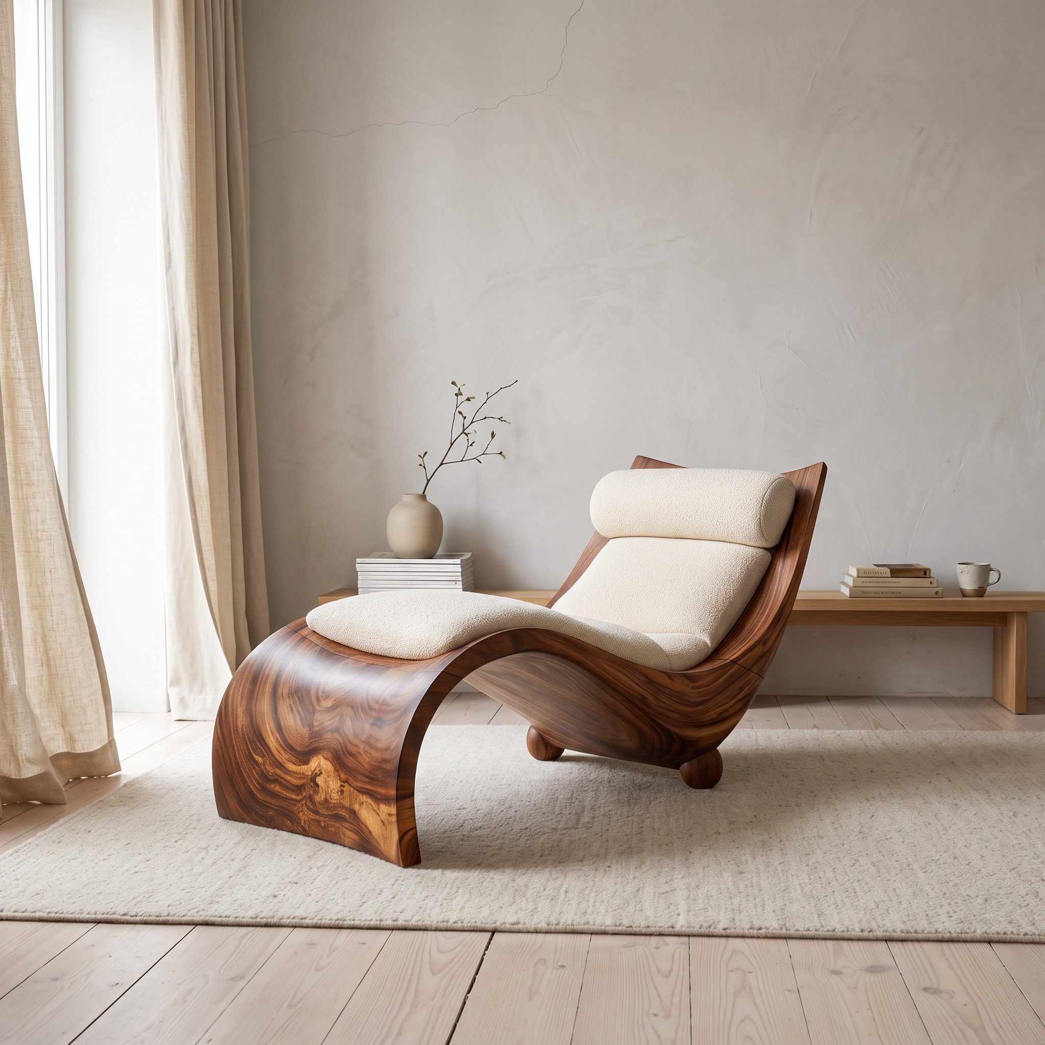 Curved Solid Walnut Chaise Lounge, Luxury Contemporary Daybed Couch for Living Room Decor