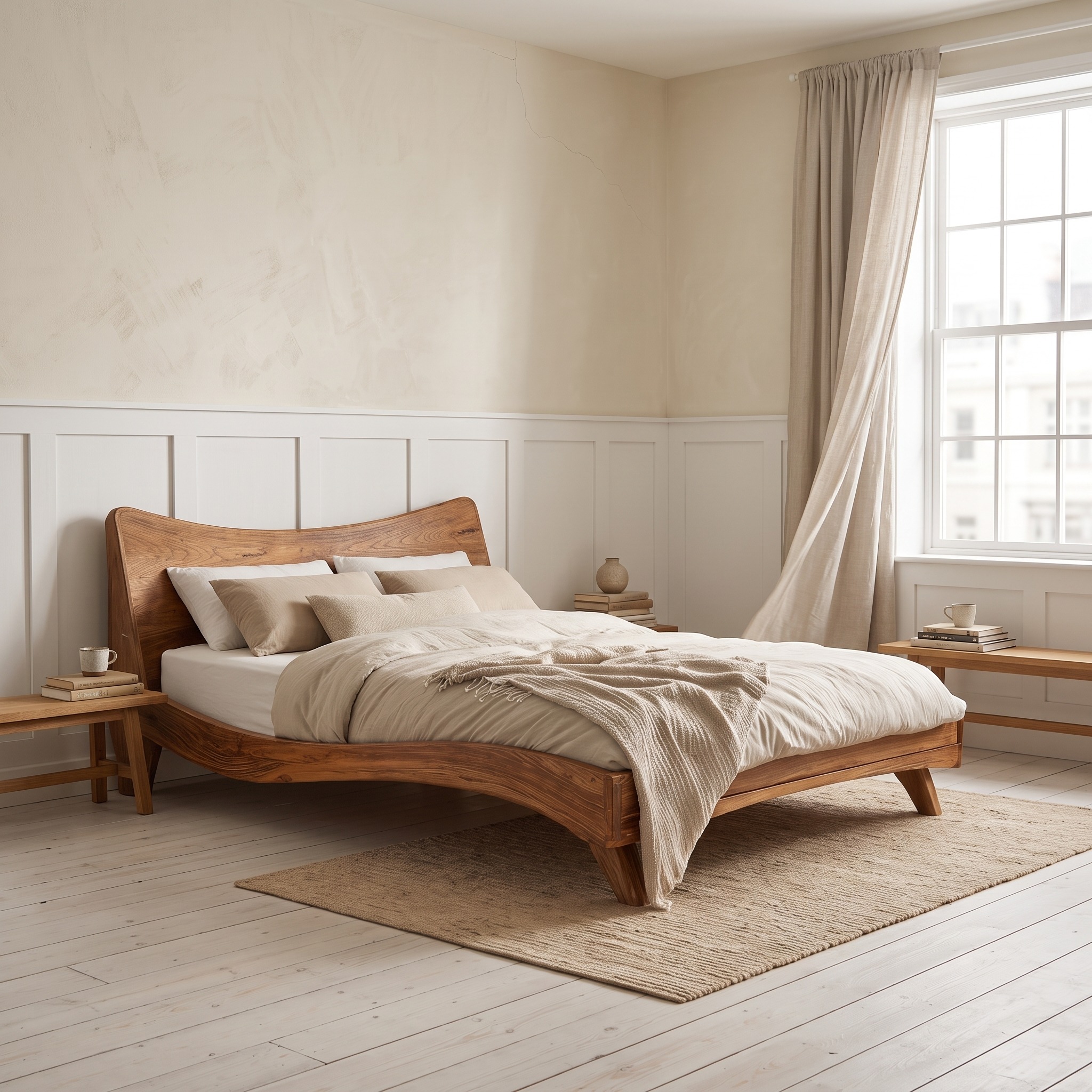 Curved Solid Wood Bed Frame with Headboard Set, Handcrafted Mid-Century Modern Bedroom Furniture