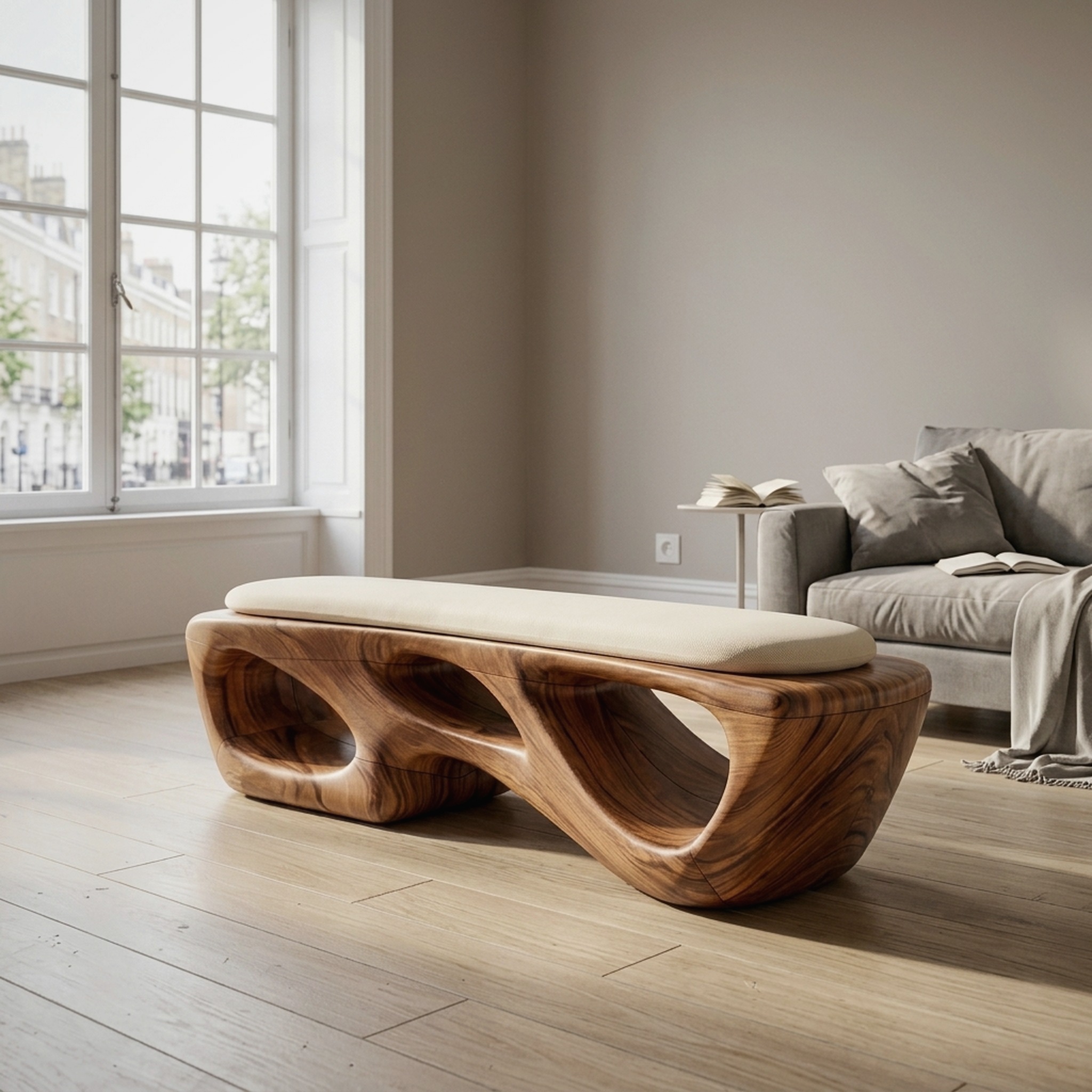 Curved Solid Wood Bench Luxury Living Room