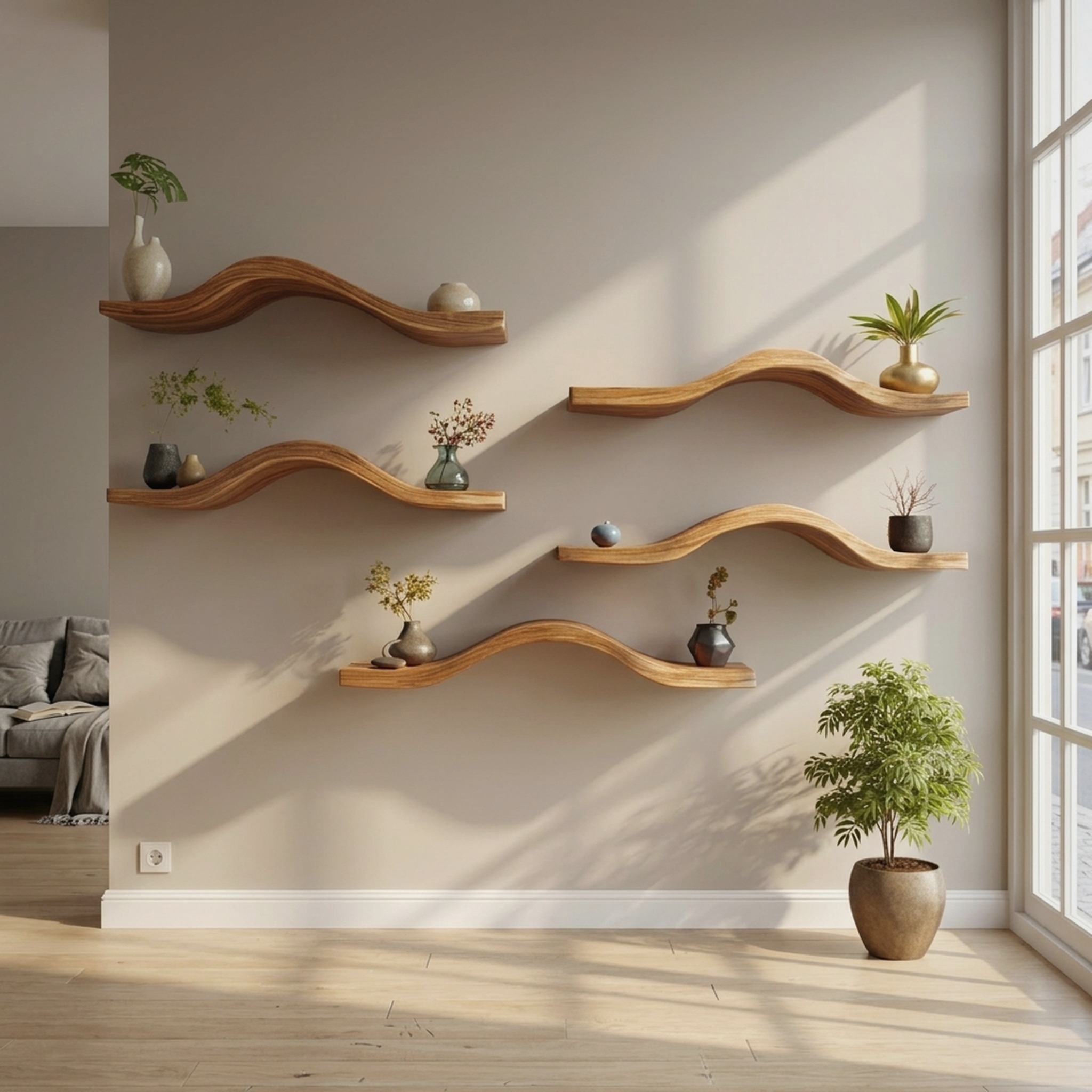 Curved Solid Wood Floating Shelves Organic Modern Living Room Interior