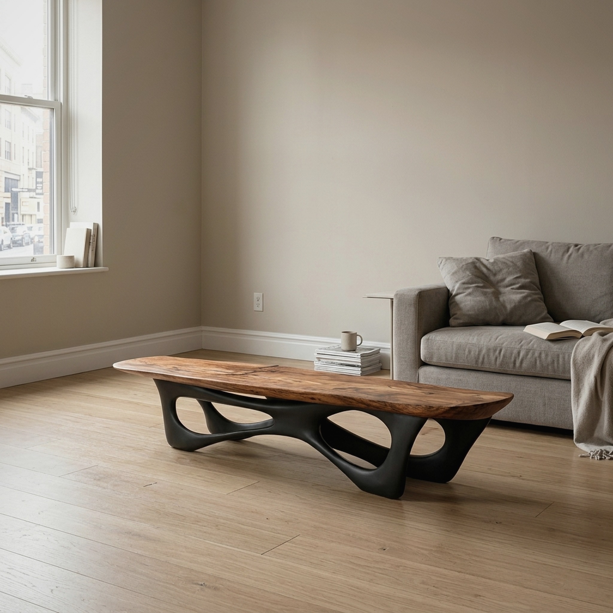 Curved Wooden Statement Bench for Modern Apartment