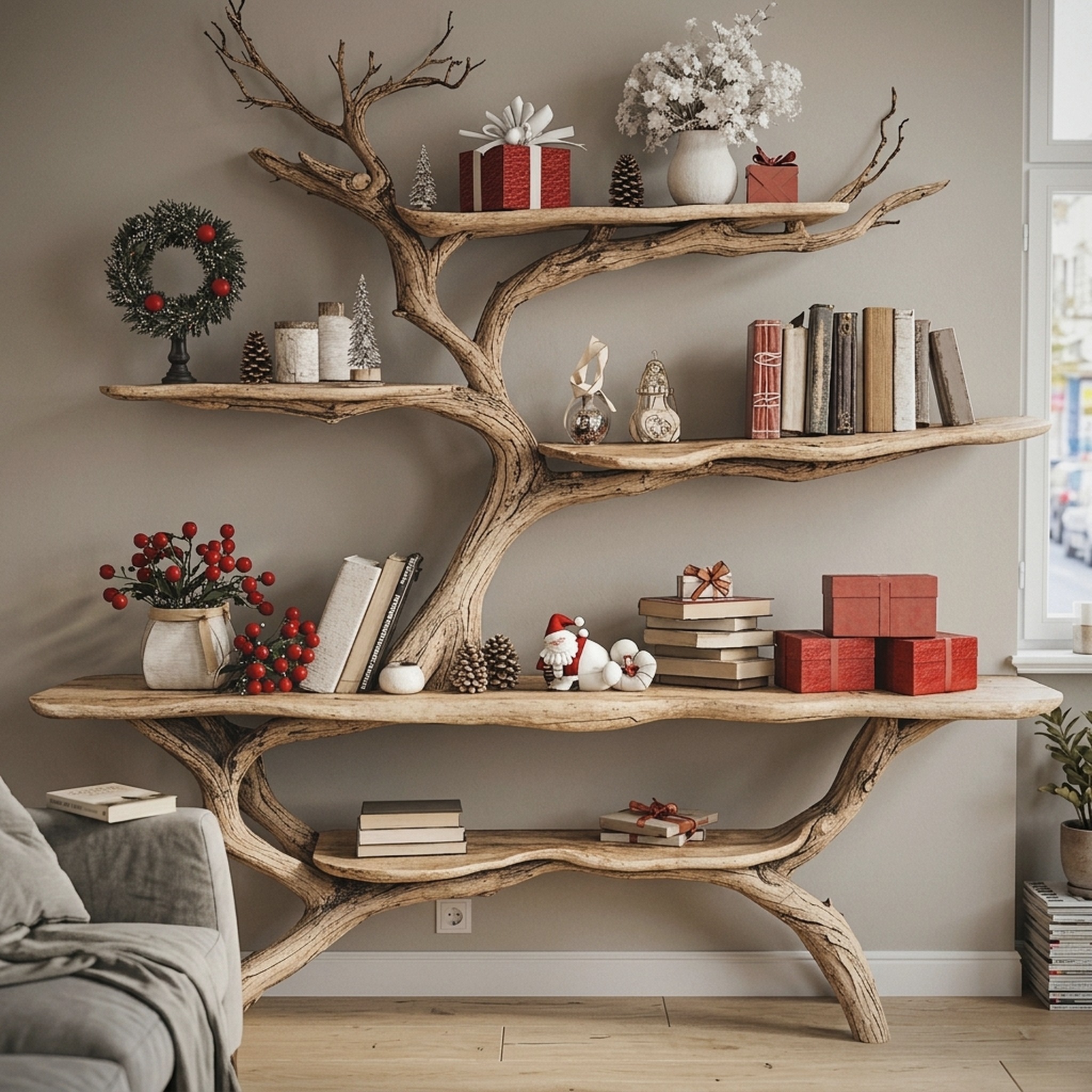 Custom Console Table with Driftwood Bookcase Tree Bookshelf