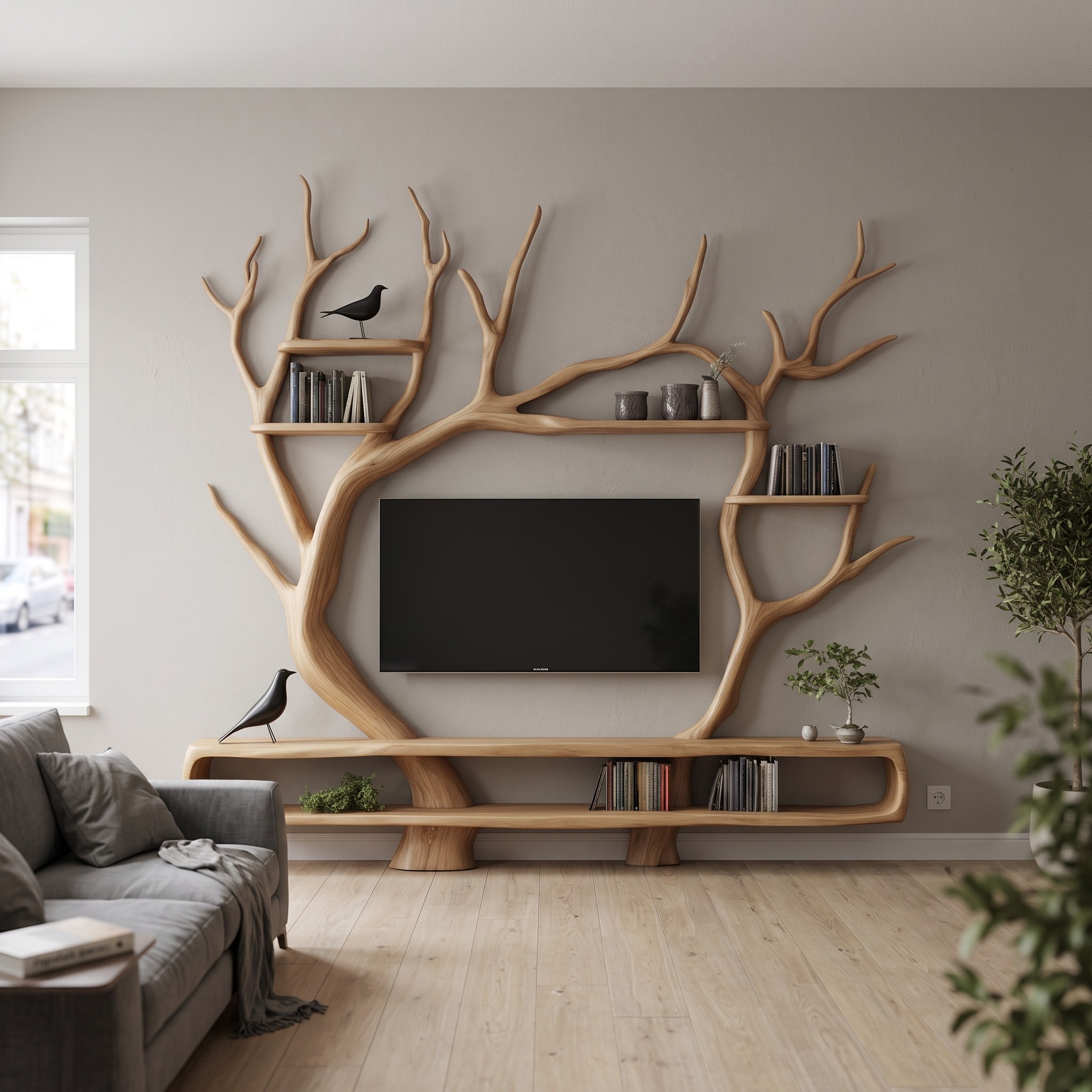 Custom Tree TV Cabinet, Handcrafted Solid Wood Media Console & Living Room Wall Art Entertainment Center, Unique Gift