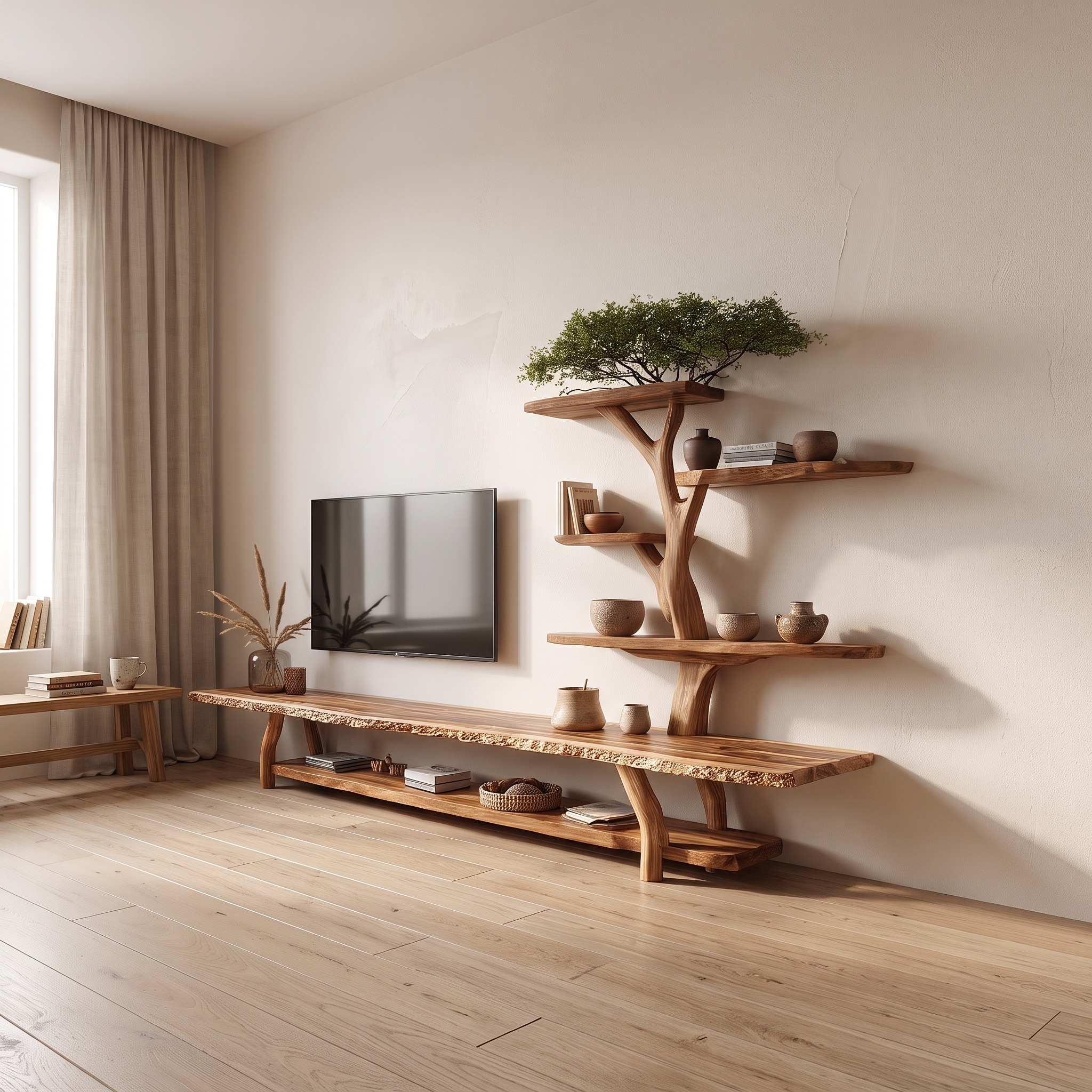 Custom TV Shelf, Handmade Solid Wood Tree Wall Art Media Console, Wall Mounted Floating Entertainment Center & Gift