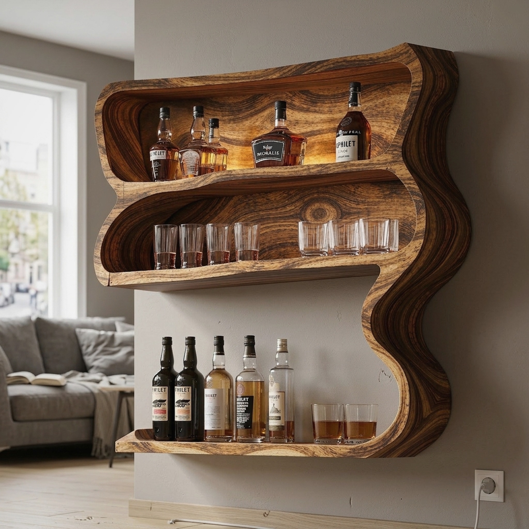 Customizable Wood Wine Bar Shelf for Modern Living Rooms