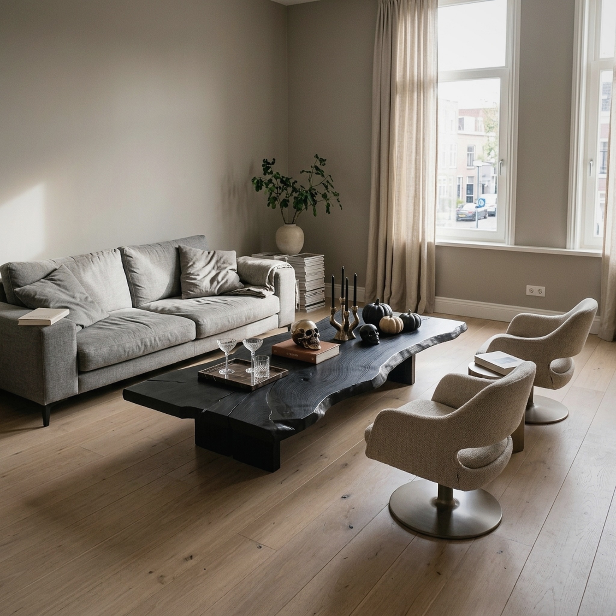 Dark Wooden Coffee Table with Minimalist Base and Natural Grain Detail for Lounge