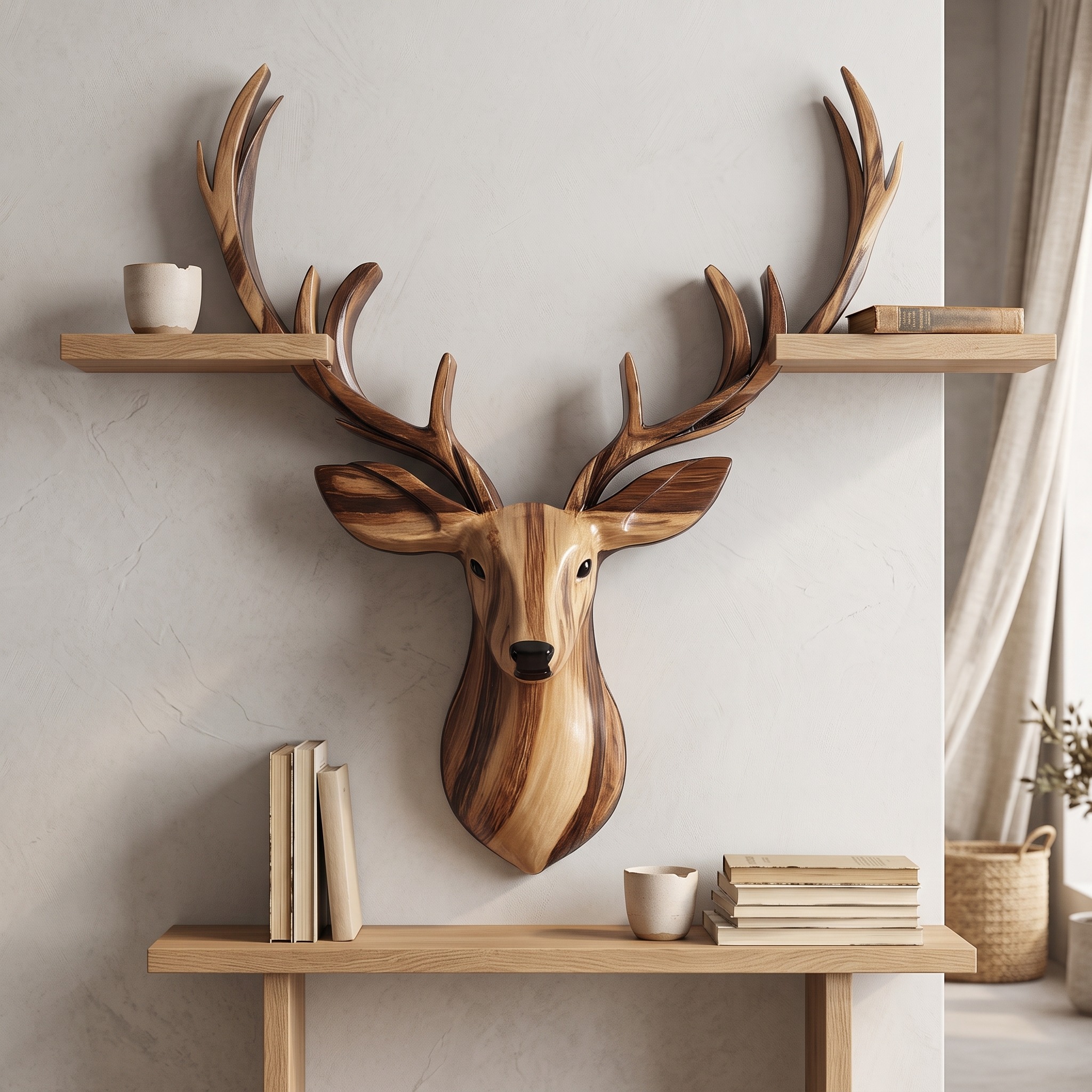 Decorative Wooden Deer Wall Shelf, Rustic Solid Wood Floating Animal Sculpture Shelf for Country Homes