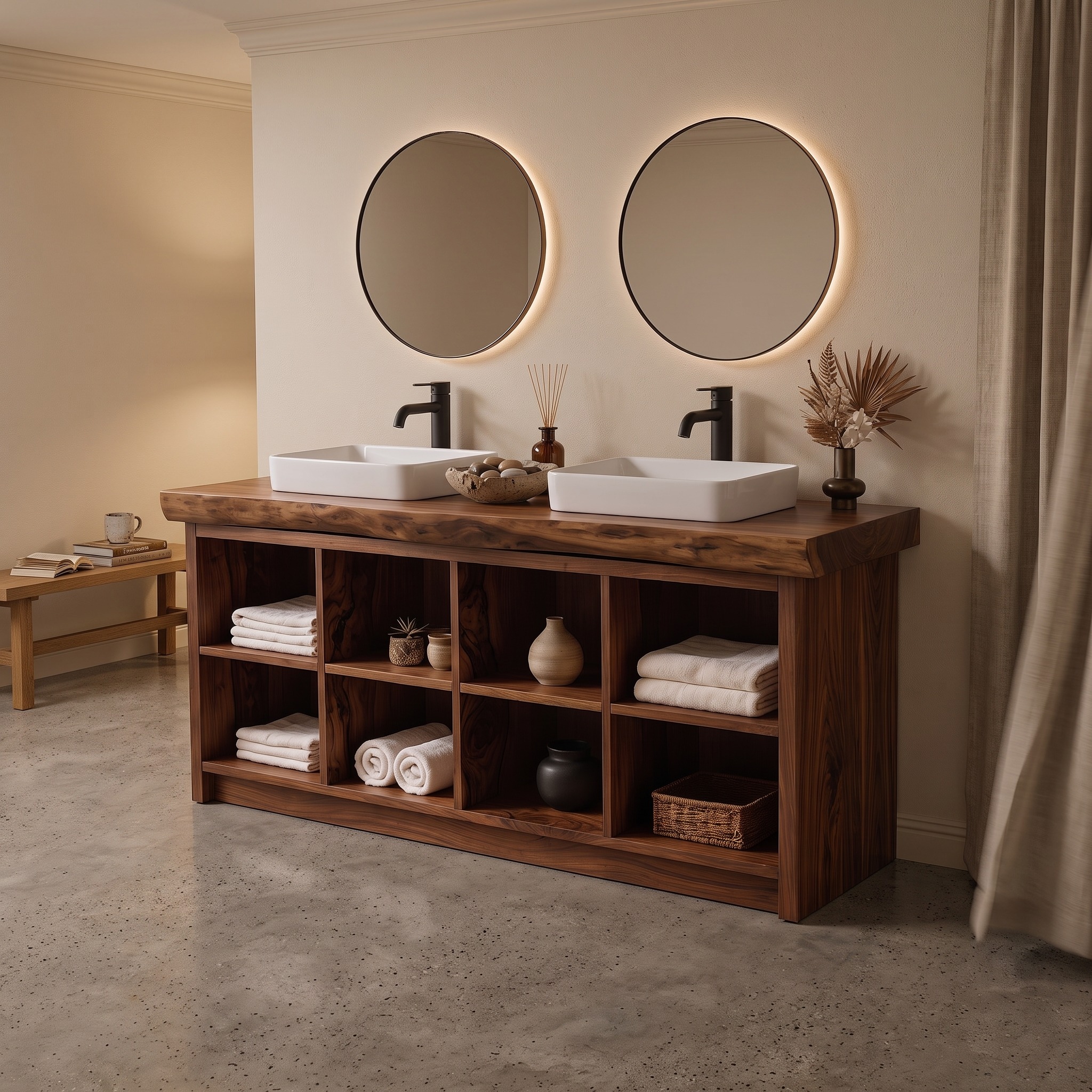 Double Sink Wood Bathroom Vanity with Open Shelves, Handcrafted Rustic Spa Style Solid Wooden Cabinet
